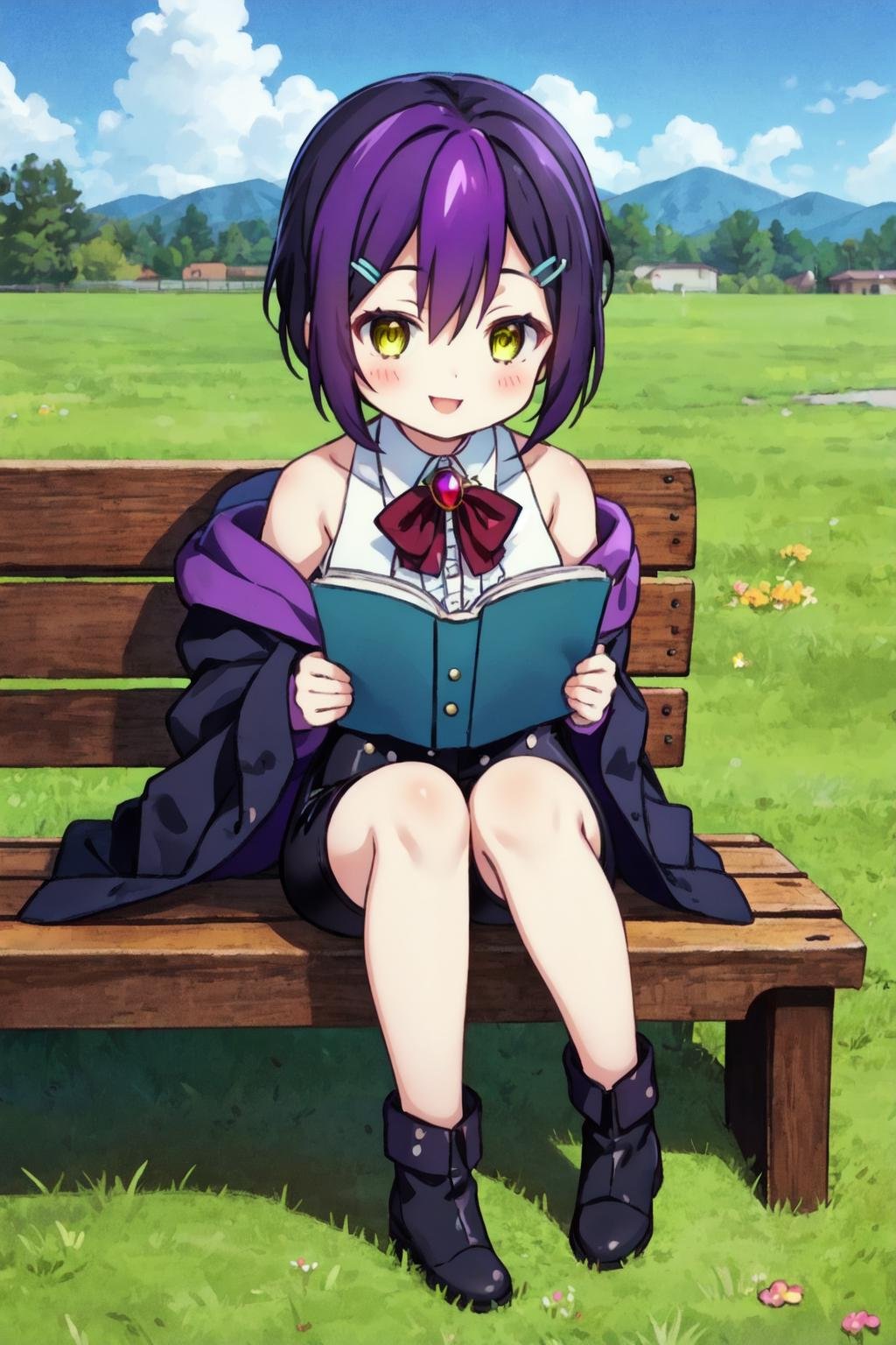 nihilo, 1girl,cute,kawaii,full body, black hair, yellow eyes,short hair,purple hair, sitting, bench, reading, book,looking down, grass, blue sky, black open coat, white collar shirt, off shoulder,center frills, black boots,wine ribbon, smile,red brooch, black short shorts, black corset,sleeveless,hairclip,(best quality, masterpiece) <lora:nihilo_v1:1>