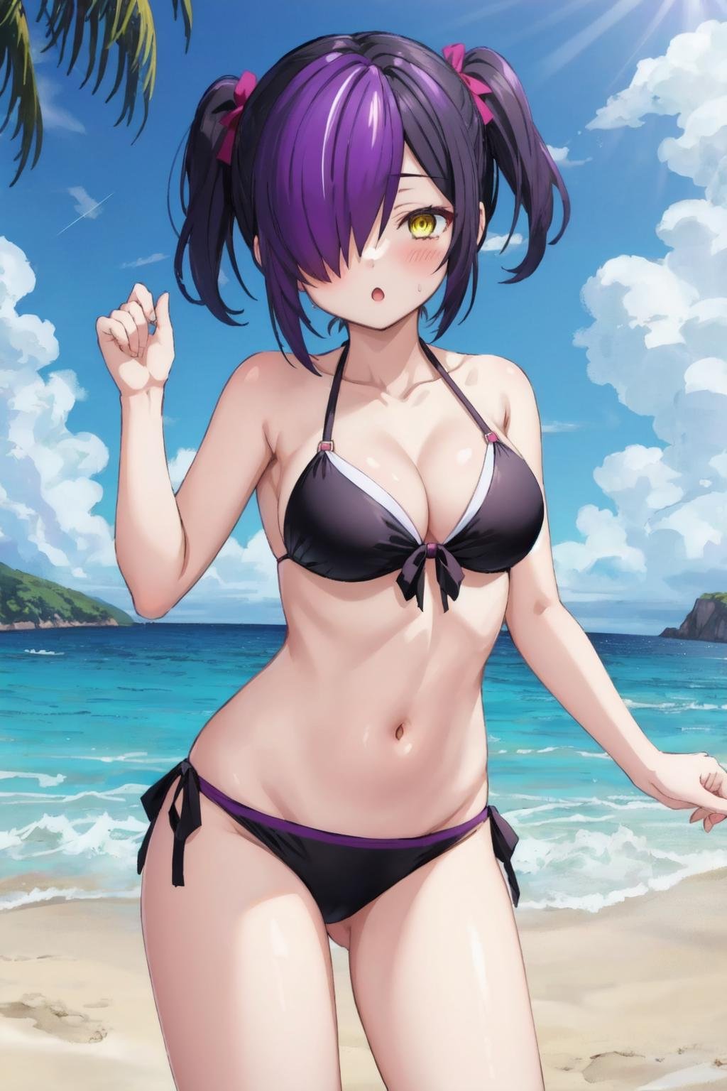 nihilo, 1girl, black hair, yellow eyes,short hair,purple hair,hair over one eye,medium hair,twintails,black bikini,medium breasts, blush, :o, beach, ocean, palm,(masterpiece, best quality) <lora:nihilo_v1:1>