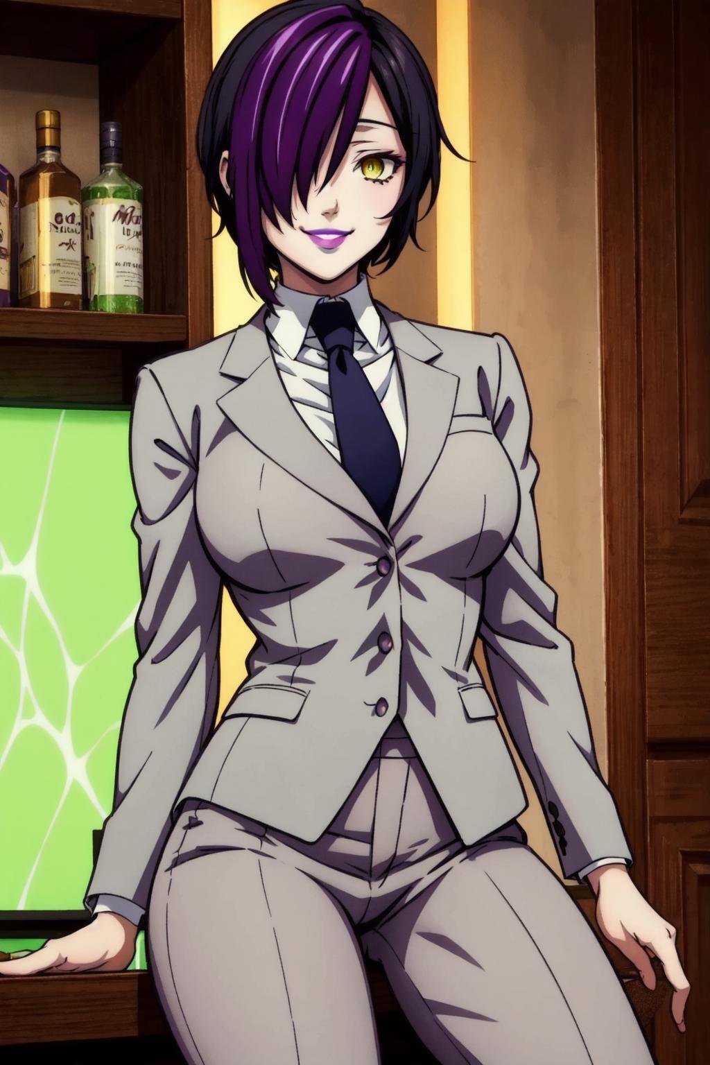 nihilo, 1girl, black hair, yellow eyes,short hair,purple hair,hair over one eye, sitting,(grey suit, grey blazer), grey pants, black necktie,white collared shirt, bar, shelf, neon lights,contrapposto,smile, purple lips,(8k,4k,masterpiece, best quality, finely detail,manga) <lora:nihilo_v1:1>