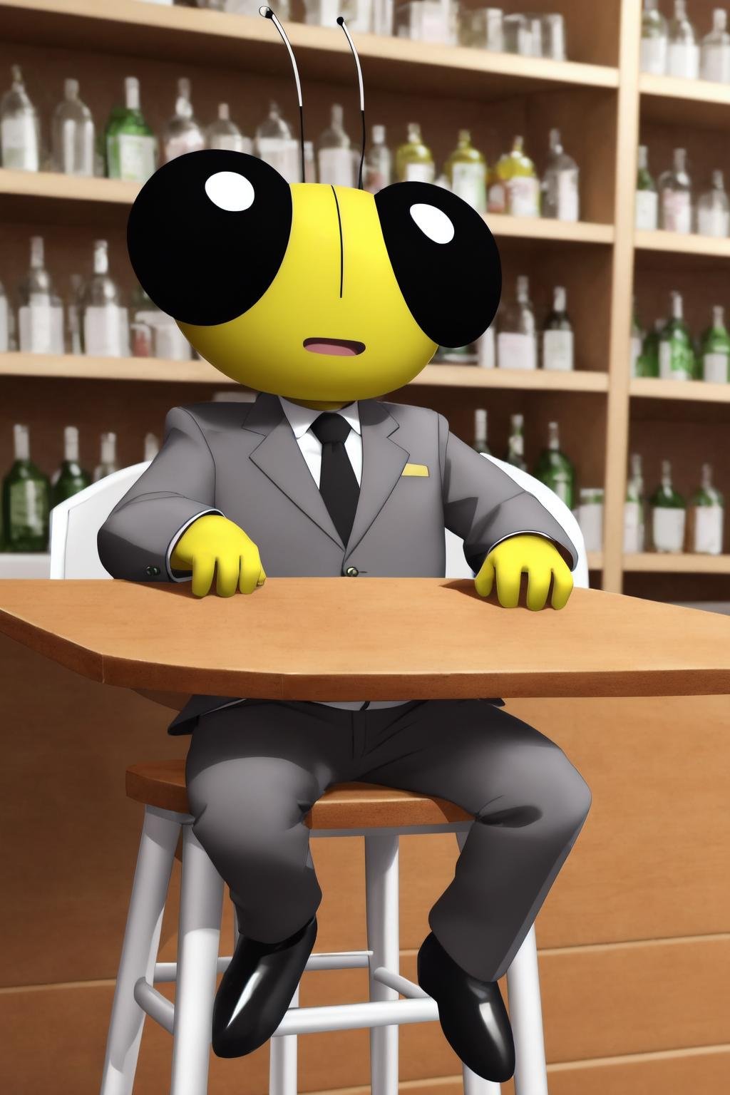 gregory, 1boy, solo,cowboy shot, anthro, green skin, cricket,black eyes,antennae, grey suit, (grey blazer, grey pants), white collared shirt, black necktie, bar, bottle, shelf, cup, stool, sitting, (detailed,realistic, best quality, masterpiece) <lora:bubbles&gregory_v1:1>