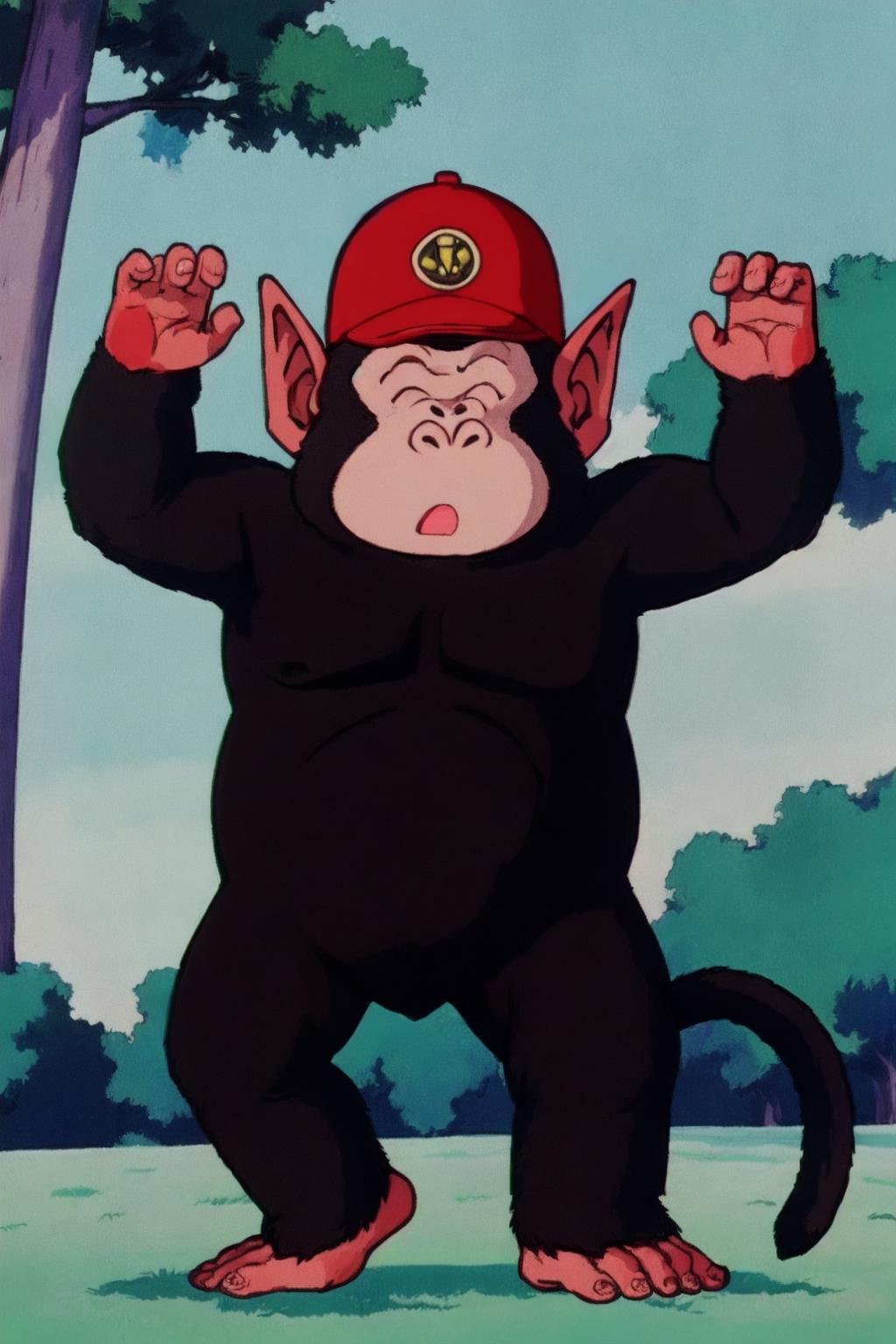 bubbles, open mouth, pointy ears, solo, monkey, 1boy, male focus, black eyes, outdoors, grass, tree, retro artstyle, monkey tail, arms up, full body, closed mouth, dancing, standing, barefoot, long sleeves, red baseball cap, black fur, (best quality, low quality) <lora:bubblesgregory_v0_1_prod-000032:1> 