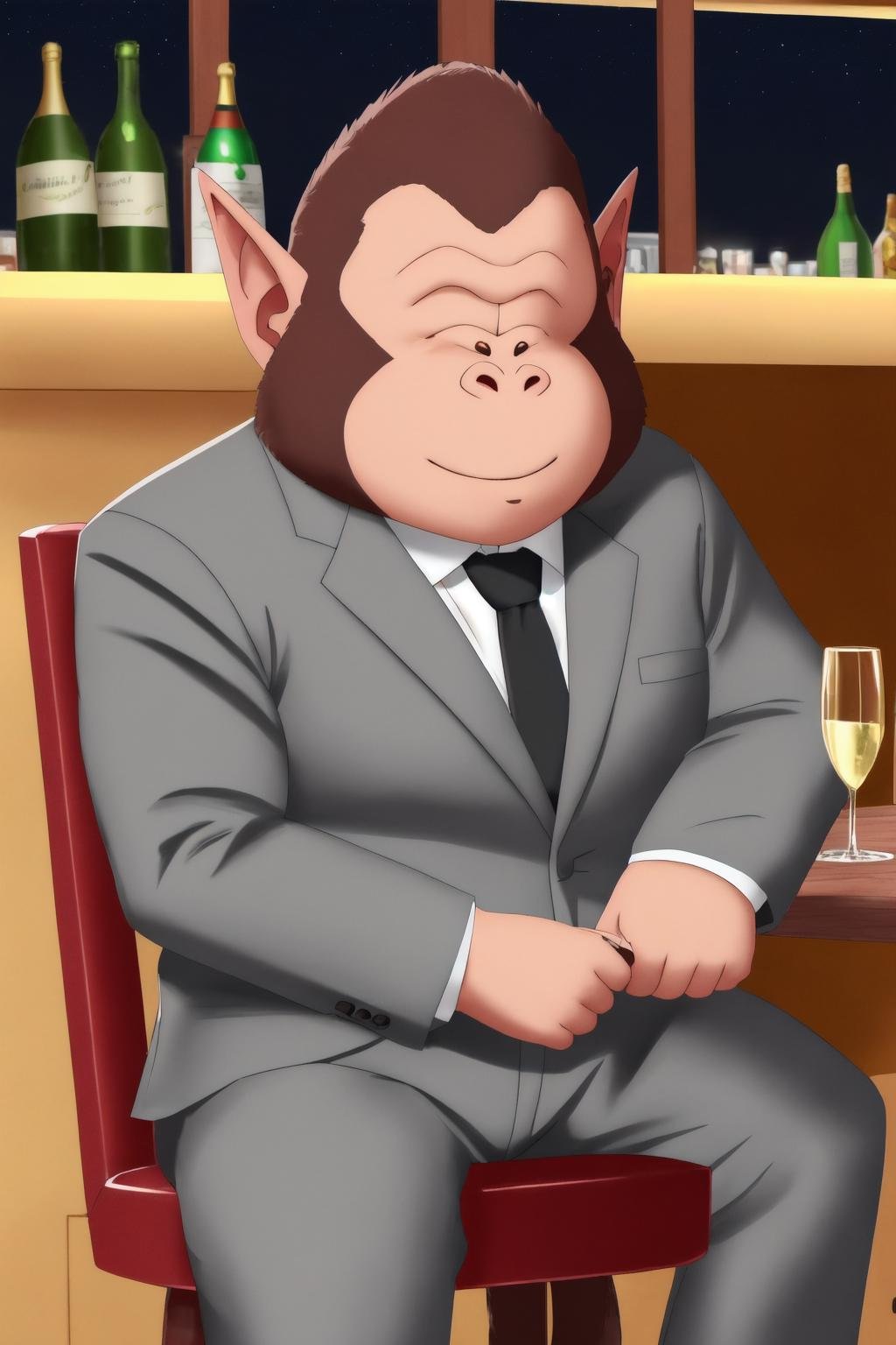 bubbles, 1boy, solo,cowboy shot, anthro,brown fur, monkey,black eyes,pointy ears, grey suit, (grey blazer, grey pants), white collared shirt, black necktie, bar, bottle, shelf, champagne flute, stool,night, neon lights, sitting,monkey tail,smile, (detailed,realistic, best quality, masterpiece) <lora:bubbles&gregory_v1:1>