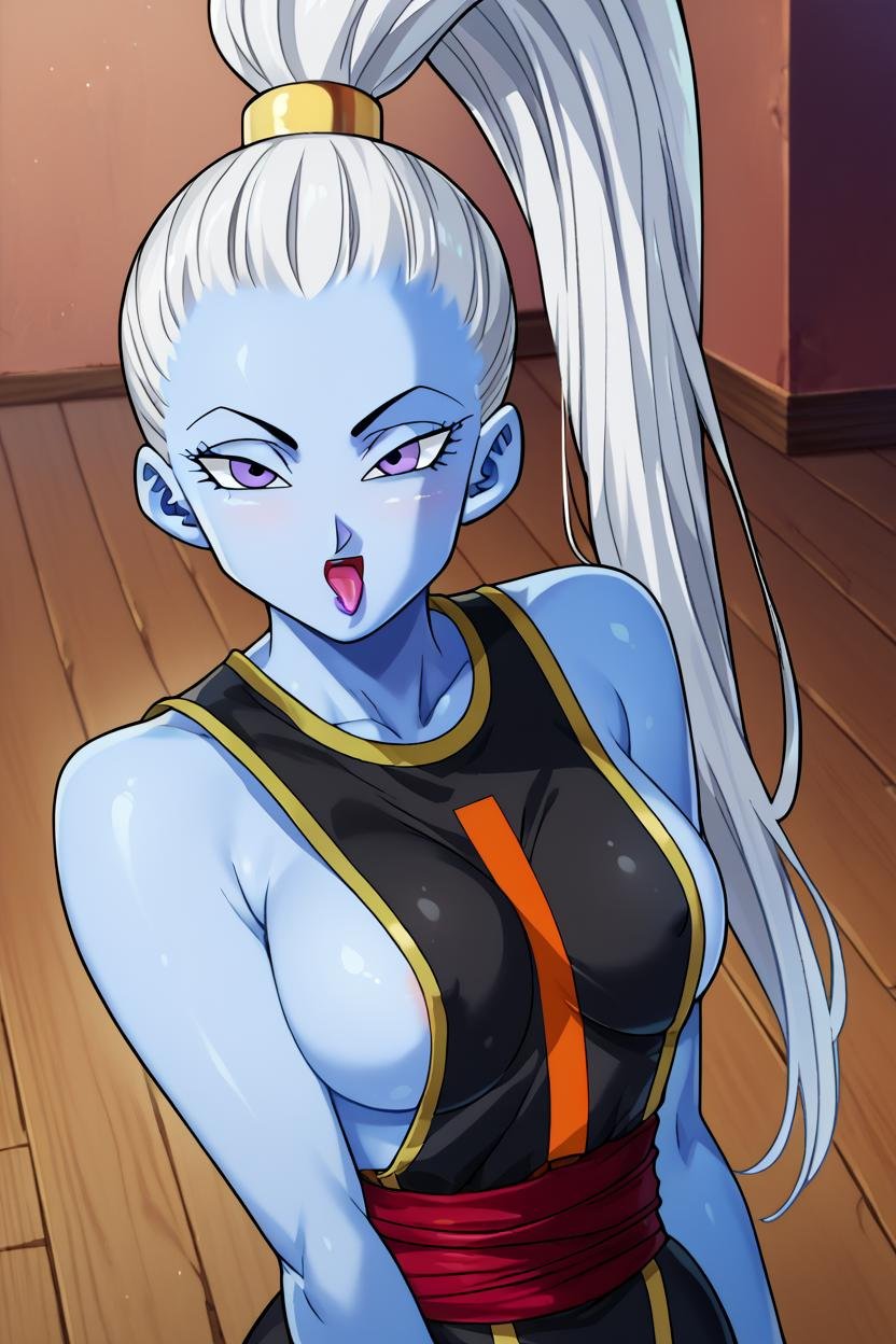 score_9, score_8_up, score_7_up, score_6_up, score_5_up, score_4_up BREAK vados, 1girl, solo, light blue skin, white hair, high ponytail,hair pulled back, purple lips,purple eyes, long hair,naked black tabard,upper body, looking at viewer, wooden floor, indoors,open mouth, tongue out,sideboob,red sash, yellow trim,hands down,arms down,breasts squeezed together,  <lora:VadosPony_v1:1>