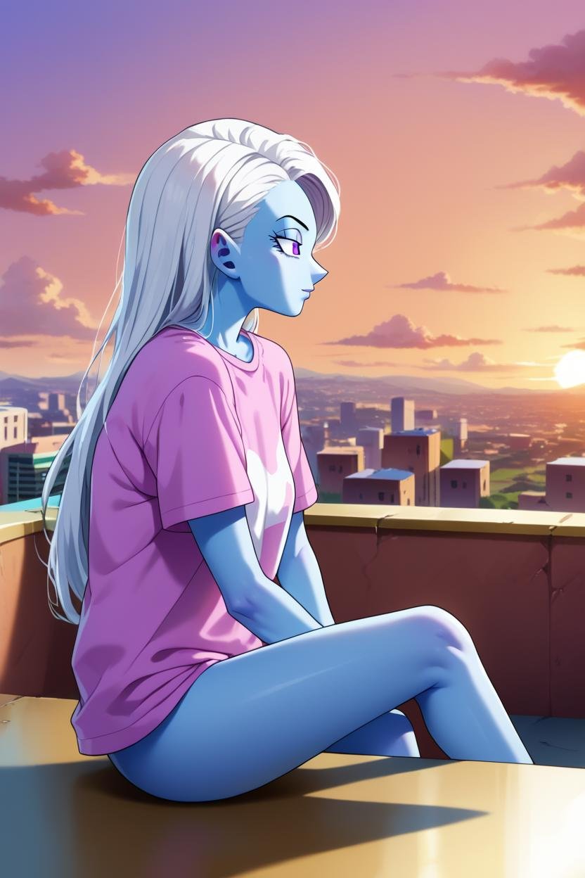 score_9, score_8_up, score_7_up,score_6_up,score_5_up,score_4_up, vados, 1girl,from side,light blue skin, solo, white hair, purple eyes,long hair, sitting, profile, rooftop, looking ahead, sunset,straight hair, white t-shirt,oversized clothes,knee up, swept bangs,no pants  <lora:VadosPony_v1:1> 