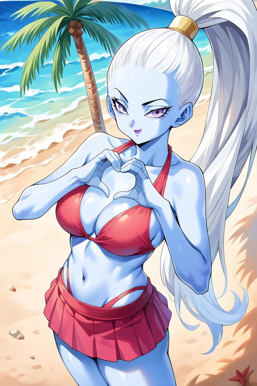 score_9, score_8_up, score_7_up, score_6_up, score_5_up, score_4_up, BREAK vados, 1girl, solo,light blue skin, cleavage, long hair, white hair, purple eyes,purple lips, medium breasts, pink bikini, looking at viewer, red microskirt, high ponytail,palm tree, beach, ocean, outdoors, cowboy shot,:o,heart hands, arm at side,smirk, (from above:0.8)  <lora:VadosPony_v1:1> 