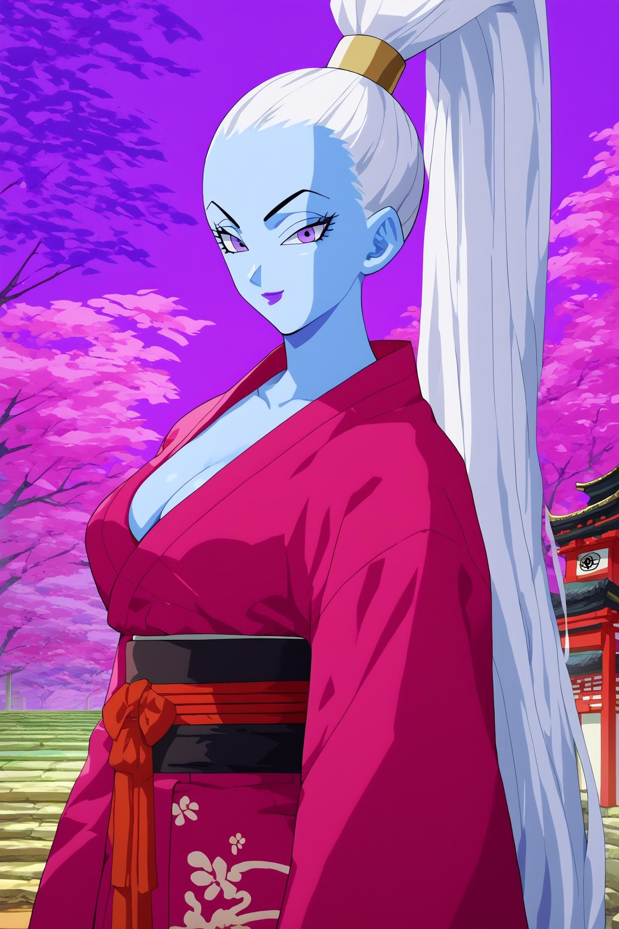 score_9, score_8_up, score_7_up,score_6_up,score_5_up,score_4_up, vados, 1girl, solo,light blue skin, white hair, purple eyes, purple lips, high ponytail,long hair,cowboy shot, japanese forest, shrine, looking at viewer, cleavage, pink kimono,cleavage,long sleeves,japanese architecture,smile,  (from side:0.7) <lora:VadosPony_v1:1> 