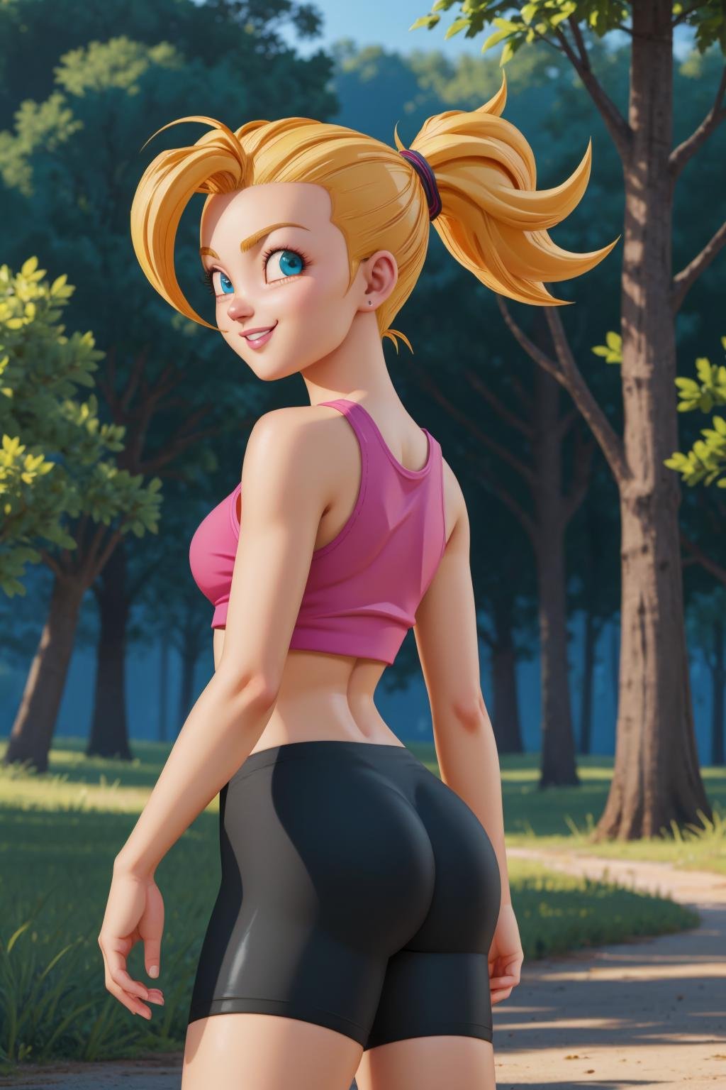 sonbura,super saiyan,cowboy shot, 1girl,solo,blonde hair,aqua eyes,medium breasts,ponytail,(hair pulled back:1.3,asymmetrical bangs),spiked hair,pink tank top,crop top, bike shorts, ass, from behind,smirk,(arms at sides),looking at viewer,outdoors, nature,baboo forest,(Maya 3d render:1.05), (masterpiece:1.3), (hires, high resolution:1.3), subsurface scattering  <lora:sonbura_v1:1> 