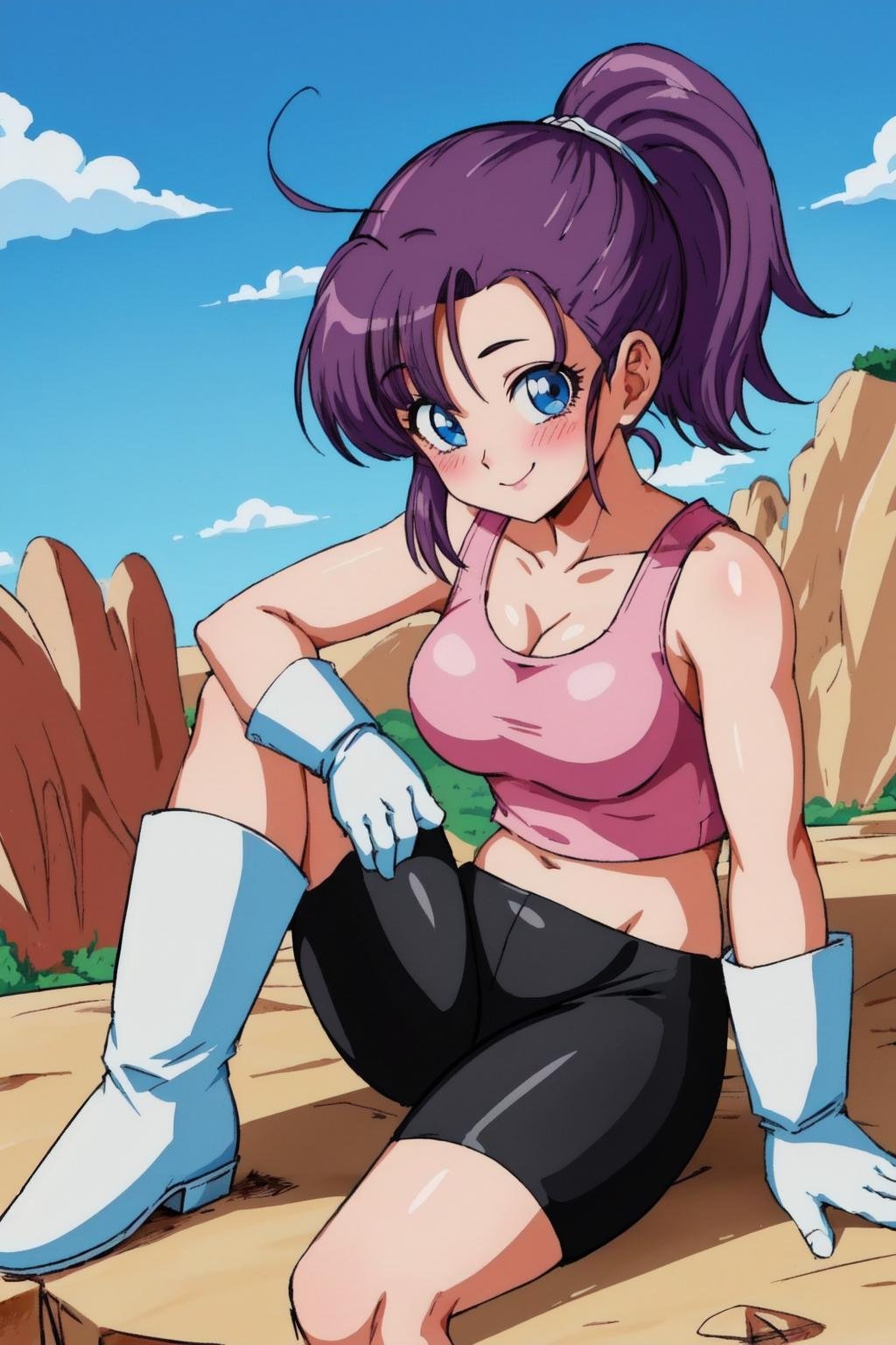 sonbura, bsfrm, 1girl, solo,blue eyes,purple hair, ponytail,(hair pulled back),pink tank top, crop top,portrait,white gloves, bike shorts,white boots,sitting,dirt, rock, blue sky, medium breasts,smile,blush,looking at viewer,(asymmetrical bangs:1.2), (best quality, masterpiece)    <lora:sonbura_v1:1>