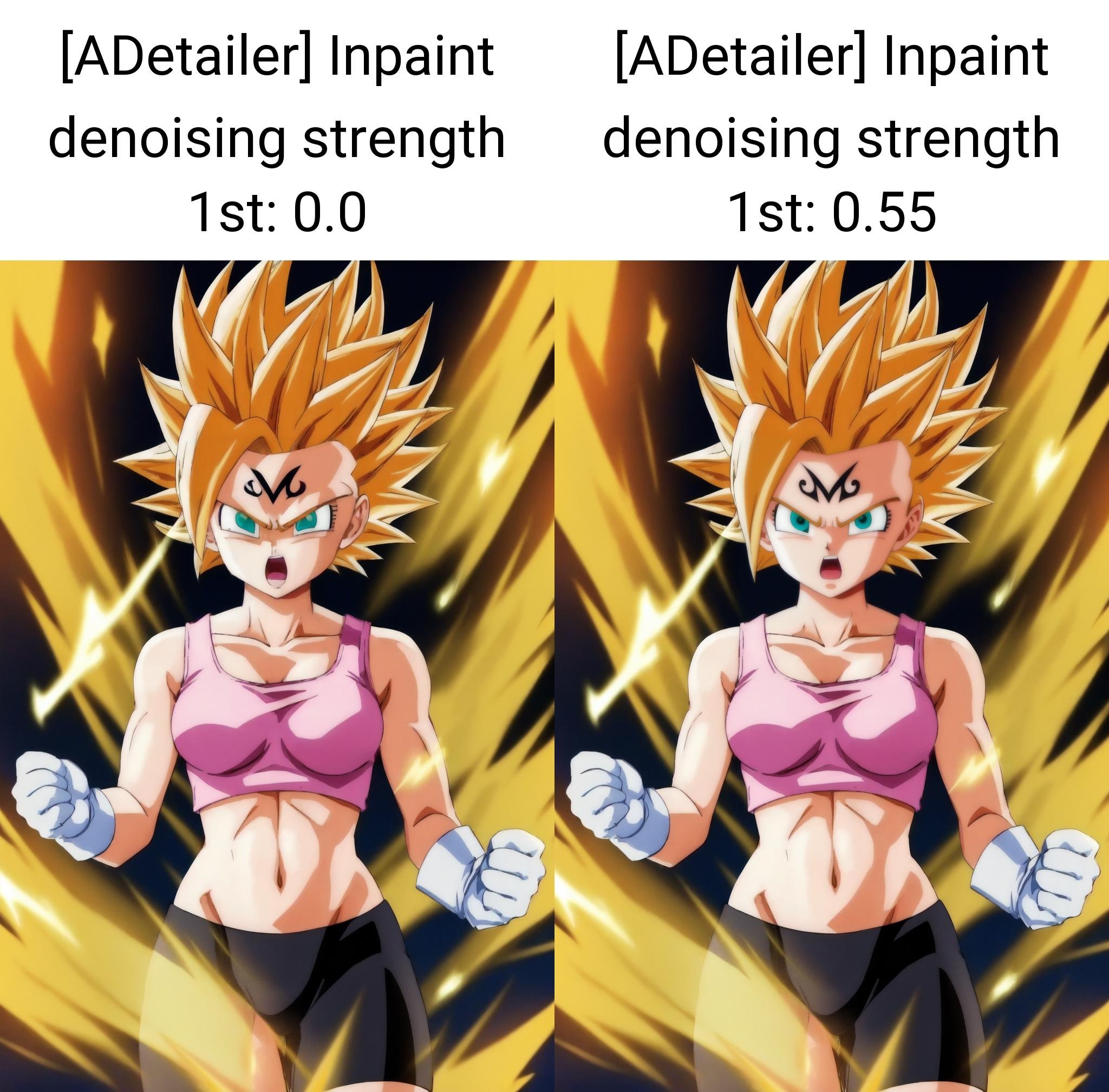 sonbura,ssj2,cowboy shot, 1girl,solo,blonde hair,green eyes,yellow aura, (electricity),forehead majin symbol, majin symbol,medium breasts,(spiked hair,asymmetrical bangs,big hair),pink tank top,crop top,black bike shorts, white gloves,open mouth,,clenched hands,looking at viewer,dark background,(from below:0.8),(best quality, masterpiece) <lora:sonbura_v1:1>