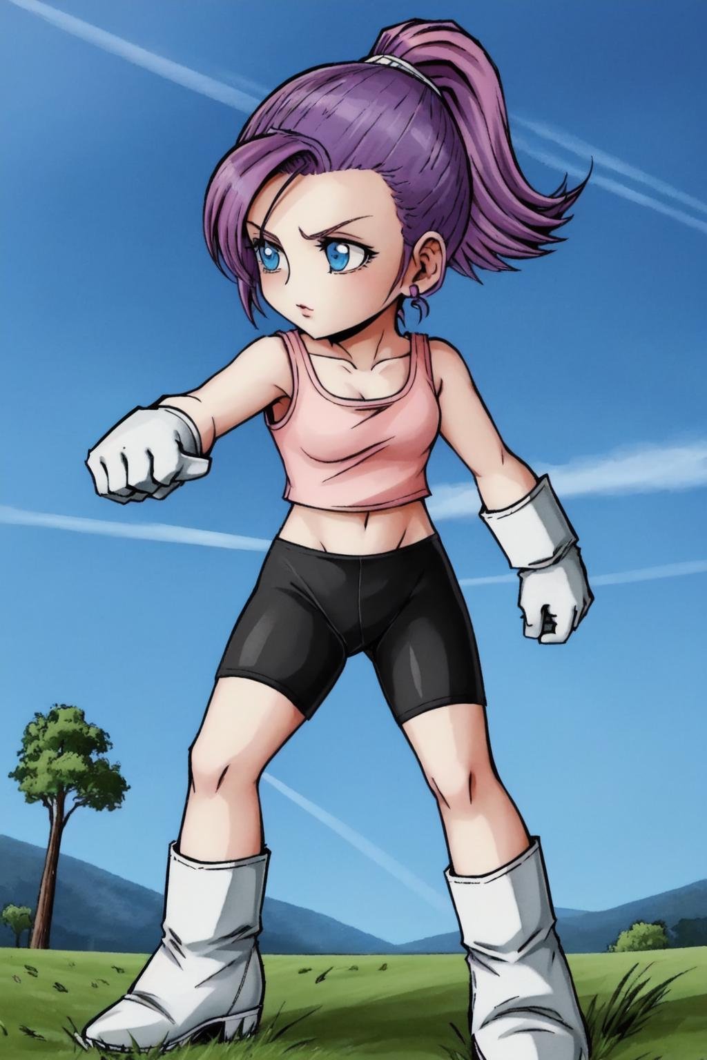 sonbura,bsfrm,cute, 1girl,solo,purple hair,blue eyes,full body,ponytail,(hair pulled back:1.2,asymmetrical bangs),pink tank top, bike shorts, white gloves, white boots,grass, blue sky,standing,fighting stance,(best quality, masterpiece) <lora:sonbura_v1:1> <lora:dissidia_v1:0.8> 