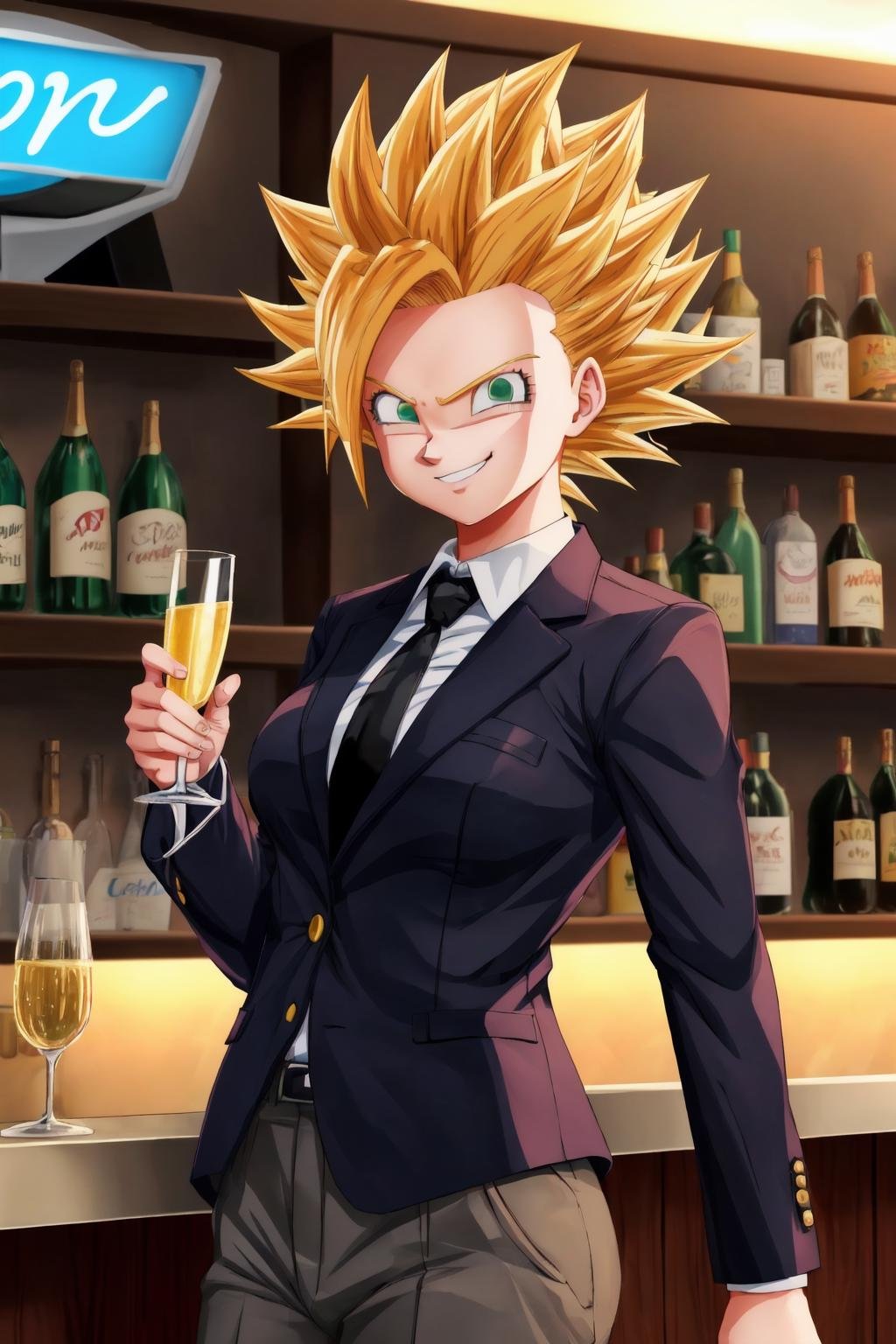 sonbura,ssj2,cowboy shot, 1girl,solo,blonde hair,green eyes,medium breasts,(spiked hair,asymmetrical bangs),grey suit, grey blazer, grey pants, white collared shirt, black necktie,looking at viewer,bar,indoors, shelves, neon lights,smirk,holding champagne flute,(best quality, masterpiece) <lora:sonbura_v1:1>