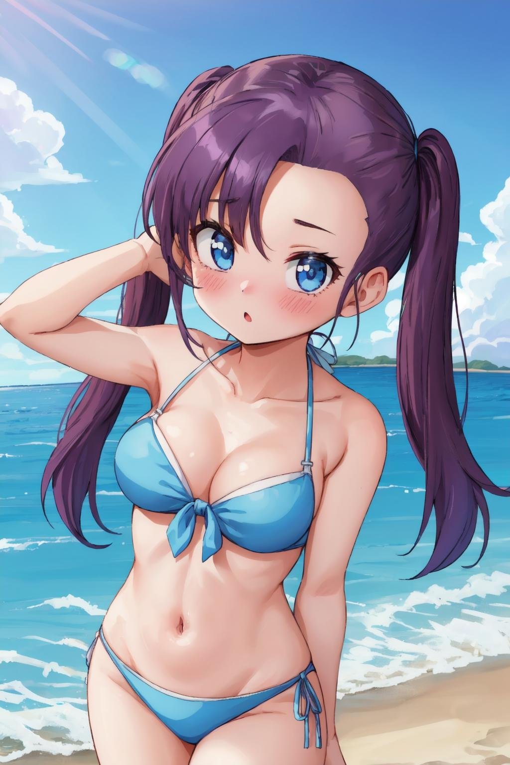 sonbura,bsfrm, 1girl,solo,purple hair,blue eyes,medium breasts,twintails,(hair pulled back:1.2,asymmetrical bangs),(light blue bikini),looking at viewer, beach, palm, ocean, blush, (from above:0.8),(best quality, masterpiece) <lora:sonbura_v1:1> 