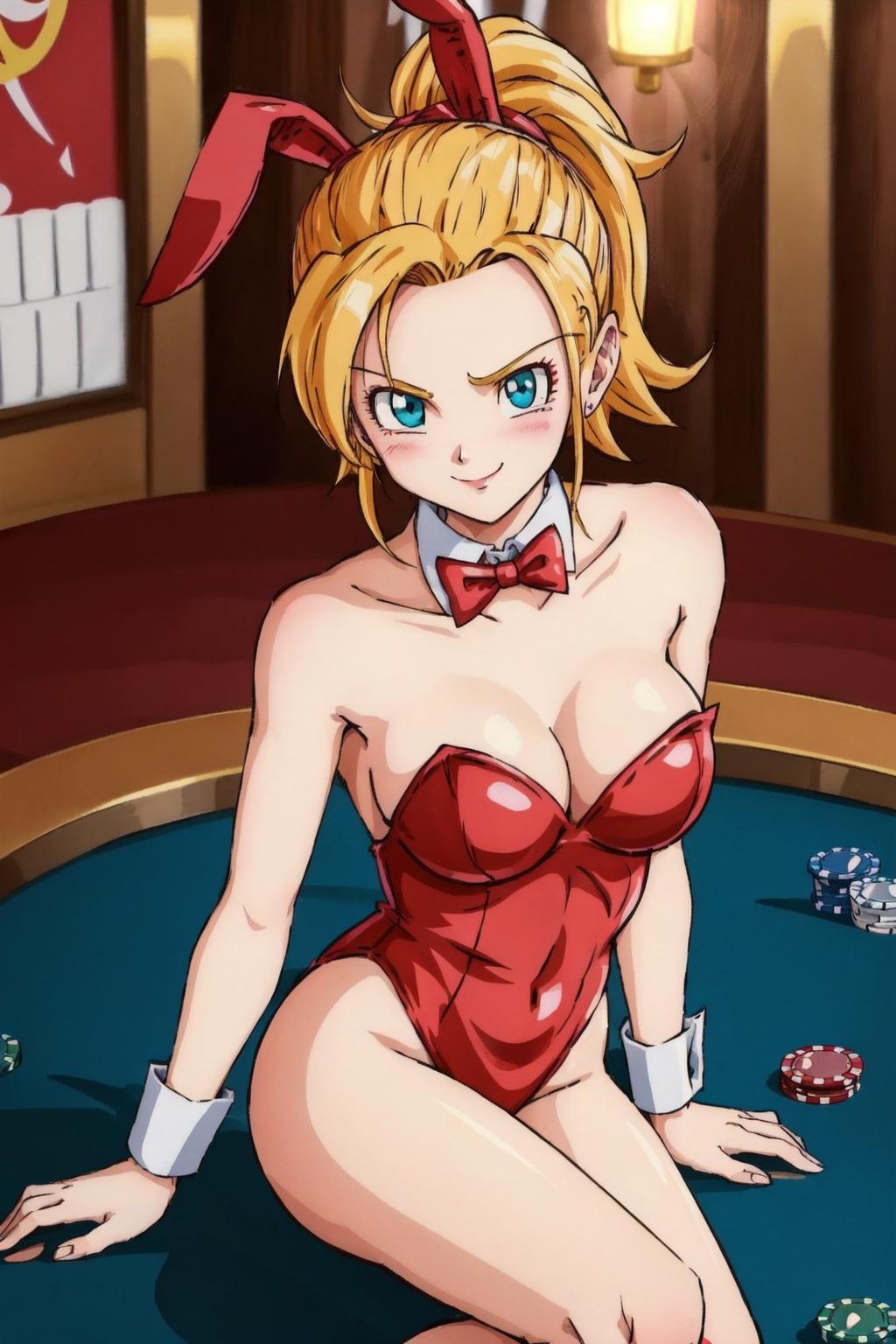 sonbura,super saiyan, 1girl,solo,blonde hair,teal eyes,playboy bunny,medium breasts,ponytail,(hair pulled back:1.2,asymmetrical bangs),red leotard, bare shoulders, (red rabbit ears),detached collar,wrist cuffs,red bowtie,looking at viewer,casino, poker table,smile, blush,(best quality, masterpiece) <lora:sonbura_v1:1> 