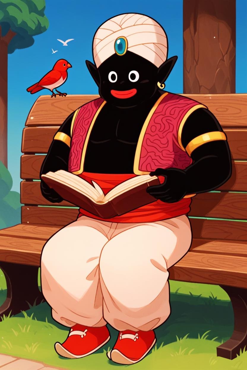 score_9, score_8_up, score_7_up,score_6_up, score_5_up,score_4_up,cute, kawaii, mrpopo, 1boy, solo,full body, red pointy shoes,black skin,  black eyes,pointy ears,red lips,earrings,arabian clothes,white baggy pants, brown naked vest,white turban, blue gemstone,red sash,armlet, smile, sitting, bench, reading, book, bird on shoulder,bird,grass, tree,blue sky   <lora:Popony:1>