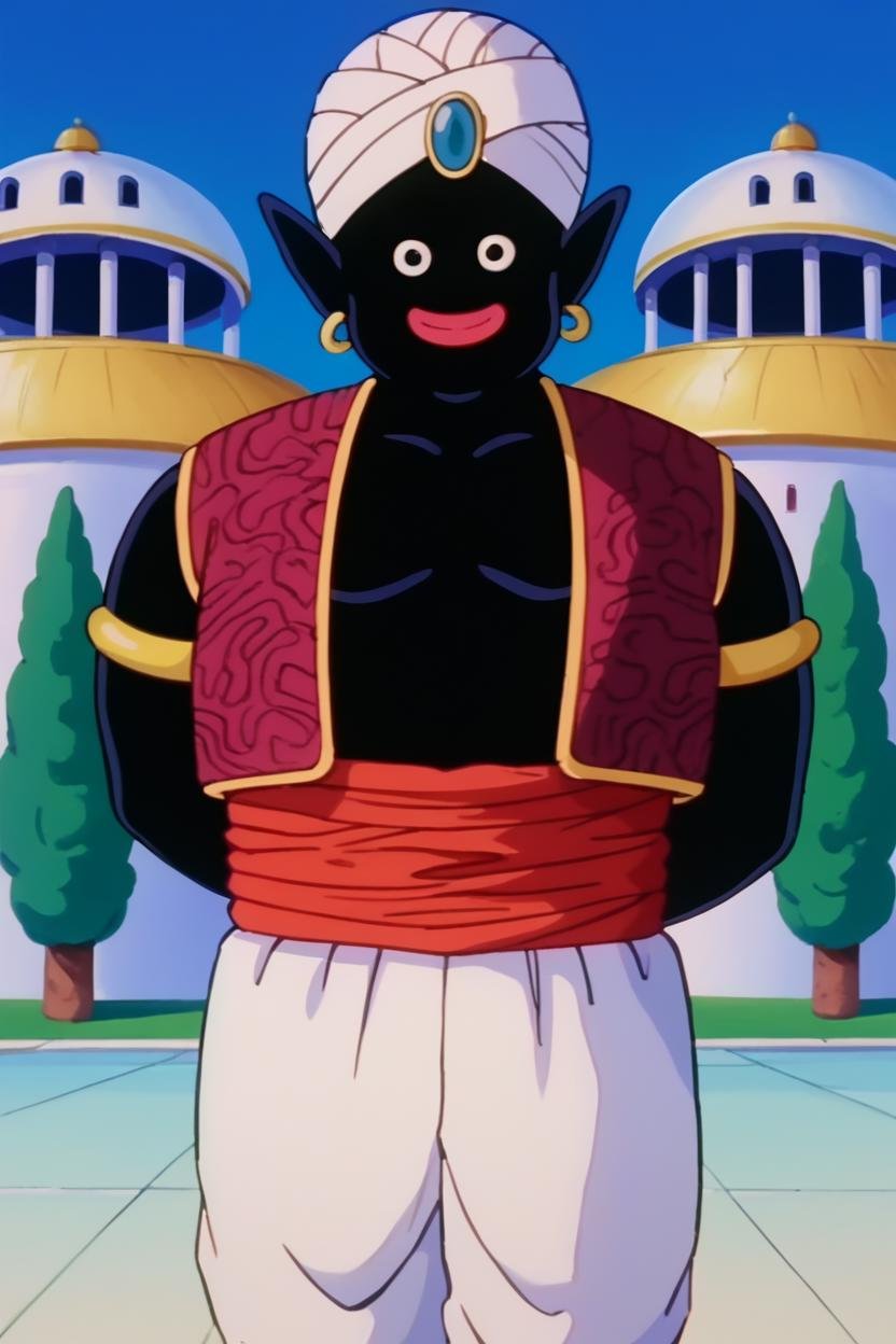 score_9, score_8_up, score_7_up, score_6_up, score_5_up, score_4_up BREAK  source_anime,retro artstyle, mrpopo,1boy, solo, male focus,black skin, looking at viewer, bald, black eyes,pointy ears, cowboy shot, arabian clothes, brown naked vest, red sash, white pants, armlet, white turban, blue gemstone,earrings,smile,closed mouth,arms behind back,building, tree,blue sky,white tile floor   <lora:Popony:1>