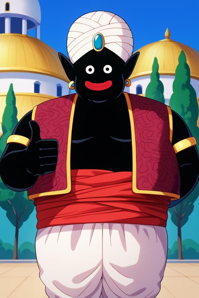 score_9, score_8_up, score_7_up, score_6_up, score_5_up, score_4_up BREAK  source_anime, mrpopo,1boy, solo, male focus,black skin, looking at viewer, bald, black eyes,pointy ears,red lips, upper body, arabian clothes, brown naked vest, red sash, white pants, armlet, white turban, blue gemstone,earrings,smile,closed mouth,thumbs up,arm at side,building, tree,blue sky <lora:Popony:1>