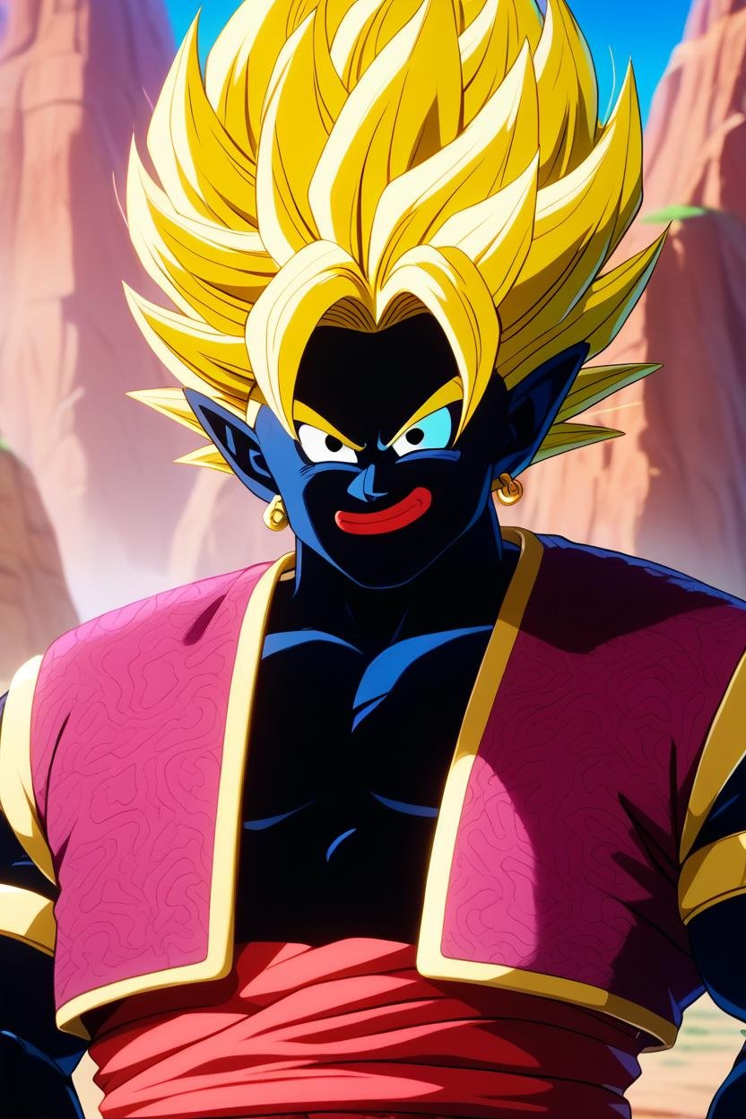 score_9, score_8_up, score_7_up,score_6_up, score_5_up,score_4_up, mrpopo, 1boy, solo,black skin,  black eyes,pointy ears,red lips,earrings,brown naked vest, upper body,blonde hair, spikey hair, super saiyan,looking at viewer,rock, mountain,desert, arms at sides,red sash,armlet, smirk  <lora:Popony:1>