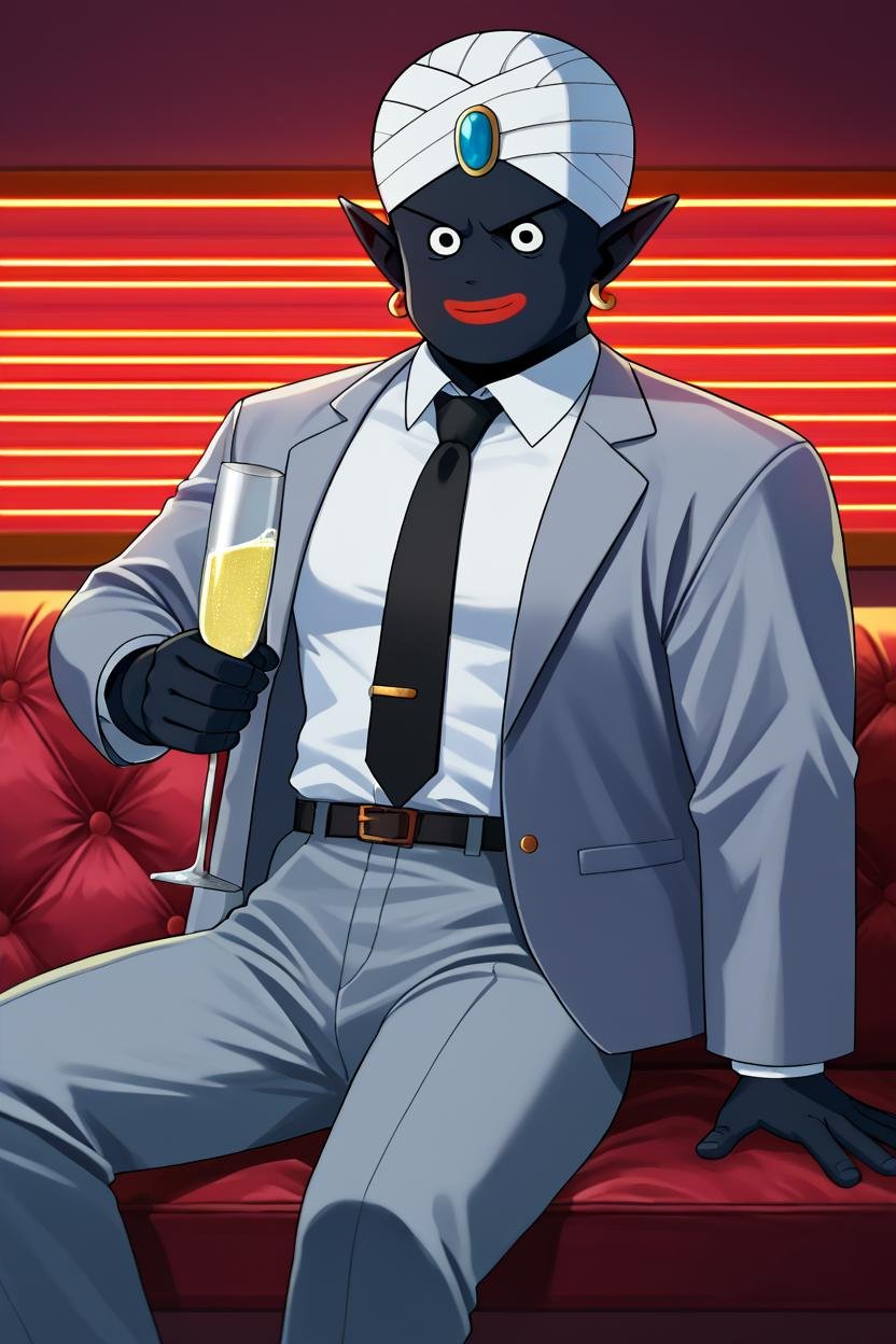 score_9, score_8_up, score_7_up, score_6_up, score_5_up, score_4_up BREAK  source_anime, mrpopo,1boy, solo, male focus,black skin, looking at viewer, bald, black eyes,pointy ears,red lips, cowboy shot, grey suit, grey jacket, grey pants, white collared shirt, black necktie, white turban, blue gemstone,earrings,smirk,closed mouth,sitting, holding champagne flute,bar,indoors, shelves, neon lights <lora:Popony:1>