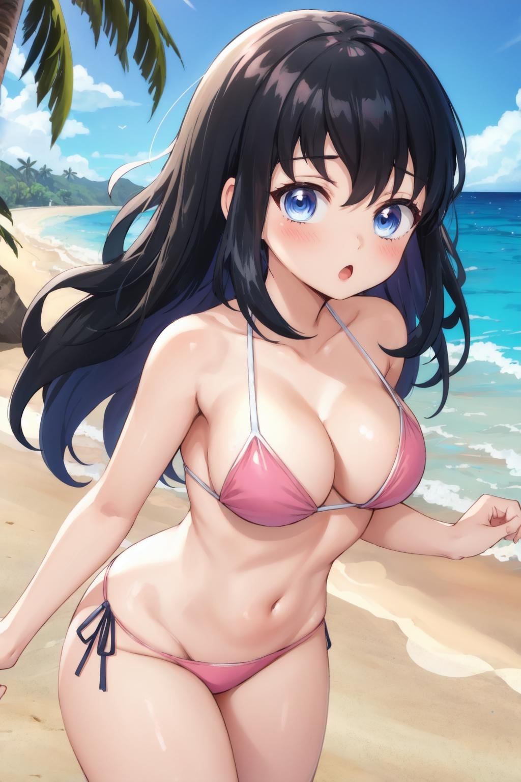 suma,1girl, solo, looking at viewer, black hair, blue eyes, cowboy shot,pink bikini,medium breasts,beach, palm, ocean, :o, blush,(masterpiece, best quality)   <lora:suma_v1:1>