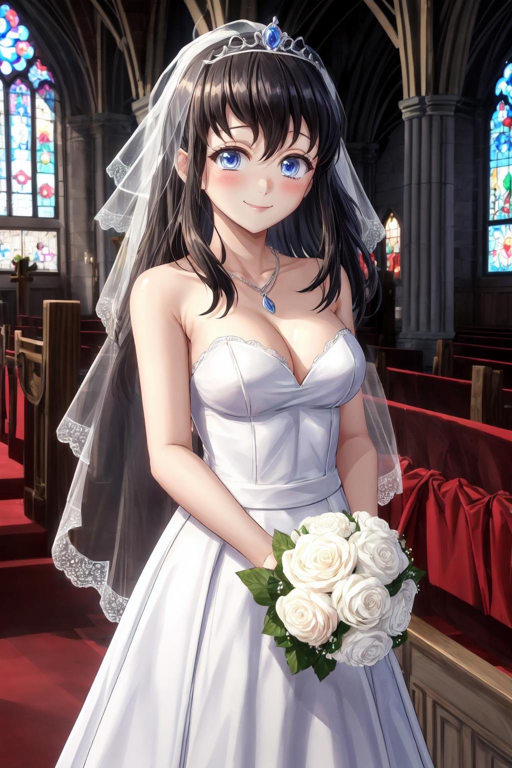 suma,cowboy shot, 1girl,solo,black hair,blue eyes,medium breasts,long hair,wedding dress,veil,,smile, blush,happy,holding bouquet,own hands together,looking at viewer,indoors, church, white light, altar,crowd,tiara,strapless,necklace,(best quality, masterpiece)   <lora:suma_v1:1>