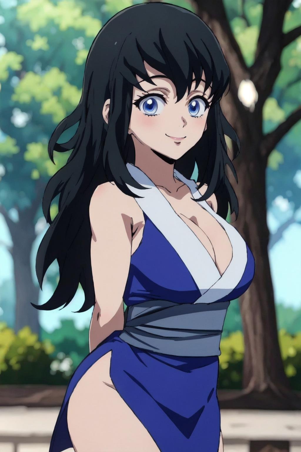 official style,anime coloring,anime screencap,suma, 1girl, solo, cleavage, long hair, black hair, blue eyes, large breasts, japanese clothes, looking at viewer, blue sleeveless kimono, bangs, grey sash, tree, bare shoulders, collarbone, outdoors, blurry, blurry background, nature, cowboy shot, forest, bare arms,smile,arms behind back,(best quality, masterpiece)  <lora:suma_v1:1>