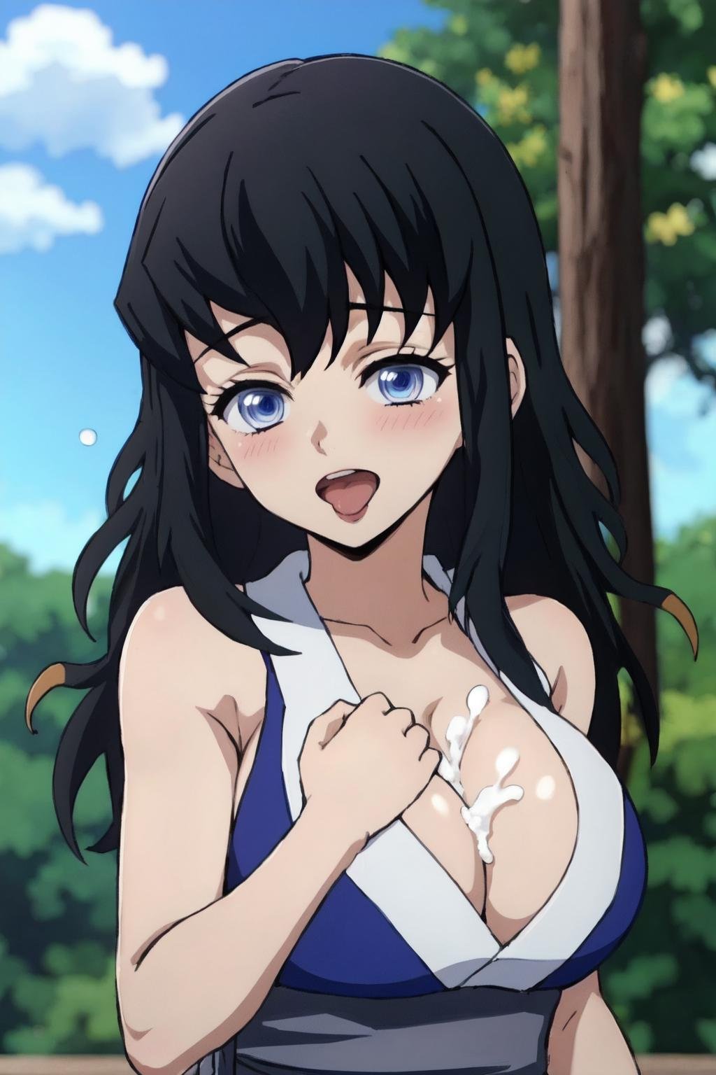 official style,anime coloring,anime screencap,suma, 1girl, solo, cleavage, long hair, black hair, blue eyes, large breasts, japanese clothes, looking at viewer, upper body, blue sleeveless kimono, bangs, grey sash, tree, bare shoulders, collarbone, outdoors, blurry, blurry background, nature, cowboy shot, forest, bare arms, open mouth,tongue,upper teeth only, half-closed eyes,blush , cum on chest,grabbing own breast, arm at side,arm down,(from side:0.8),(best quality, masterpiece)  <lora:suma_v1:1>