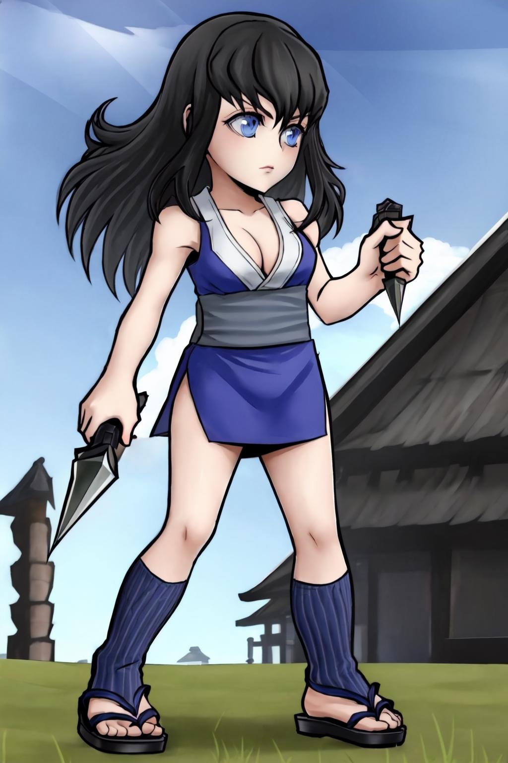 suma, 1girl, solo, black hair, blue eyes,long hair, full body, grass, blue sky, blue sleeveless kimono, black socks, tabi,cleavage, serious, fighting stance,grey sash,blue sky, japanese architecture,building, grass,sandals,holding kunai,kunai,(best quality, masterpiece) <lora:dissidia_v1:1>  <lora:suma_v1:1>