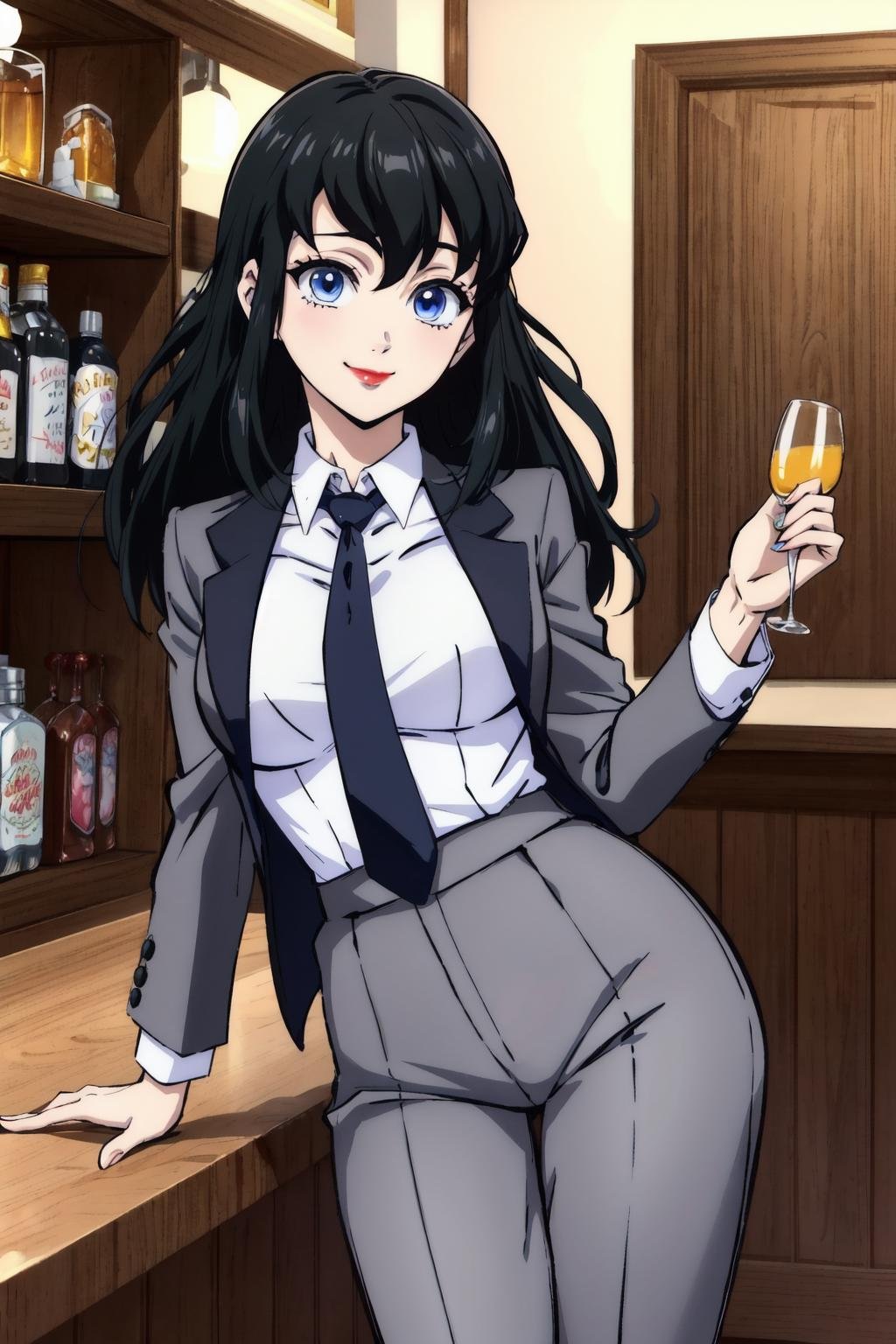 suma,1girl, solo, looking at viewer, black hair, blue eyes,red lips, cowboy shot,formal, grey suit, grey jacket, grey pants, white collared shirt,white shirt, (black necktie),smirk,closed mouth,sitting,bar,indoors, shelf, neon lights,medium breasts,contrapposto,(8k,4k,masterpiece, best quality, finely detail,manga,anime coloring)   <lora:suma_v1:1>