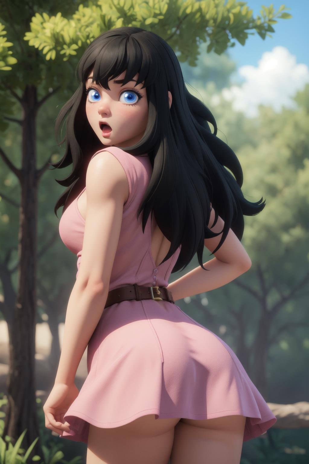 suma,cowboy shot, 1girl,solo,black hair,blue eyes,medium breasts,long hair,pink short dress, ass, from behind,open mouth, surprised, :o,(arms at sides),looking at viewer,baboo forest,stream,(Maya 3d render:1.05), (masterpiece:1.3), (hires, high resolution:1.3), subsurface scattering  <lora:suma_v1:1>