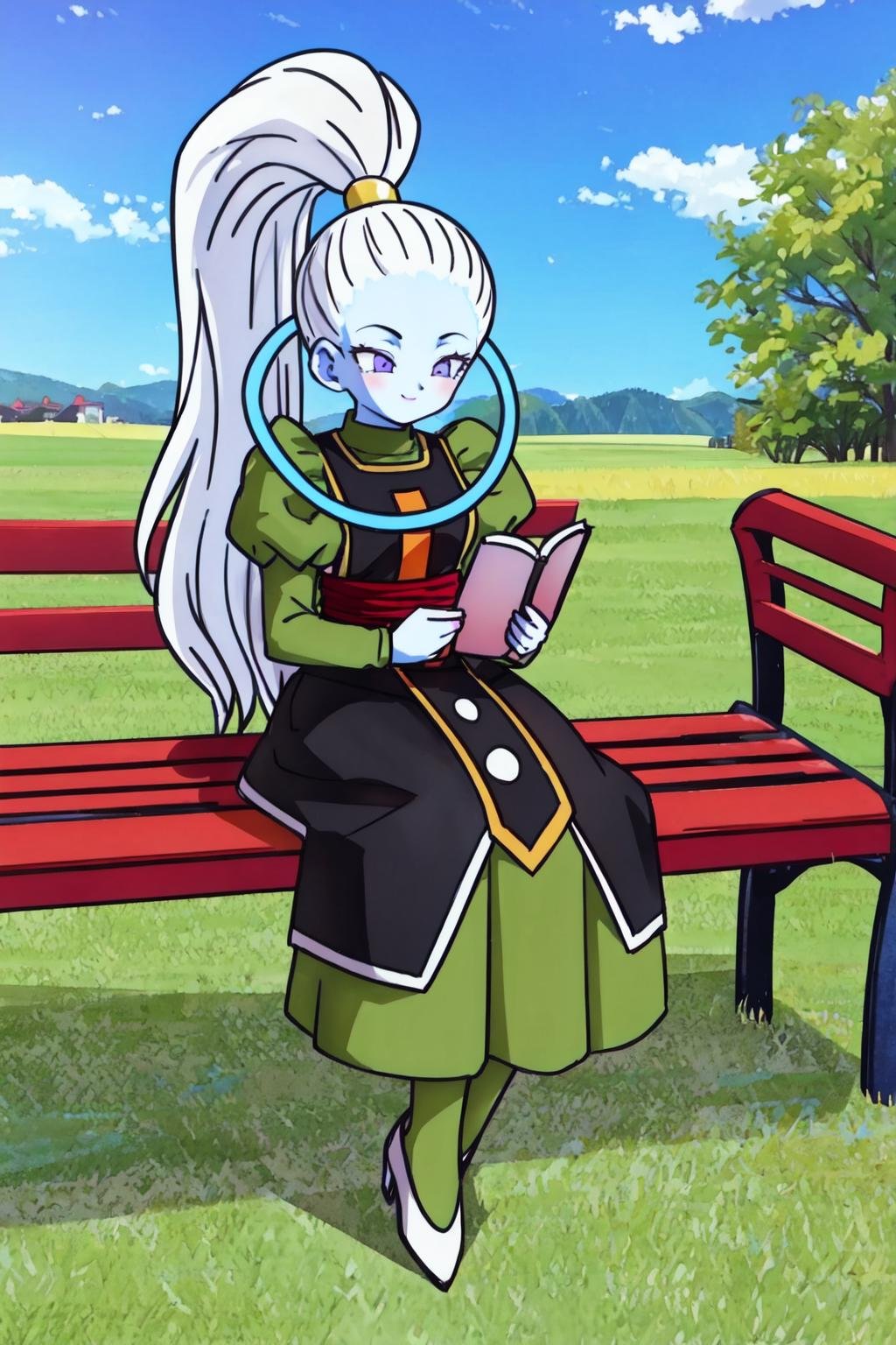 vados, 1girl,light blue skin, solo, white hair, purple eyes,long hair, sitting, bench, reading, book, grass, blue sky, green dress, black tabard,white shoes,high heels, green pantyhose,halo, smile,red sash, high ponytail,black high-waist skirt,yellow trim,looking down,(best quality, masterpiece)    <lora:vados_v1:1>