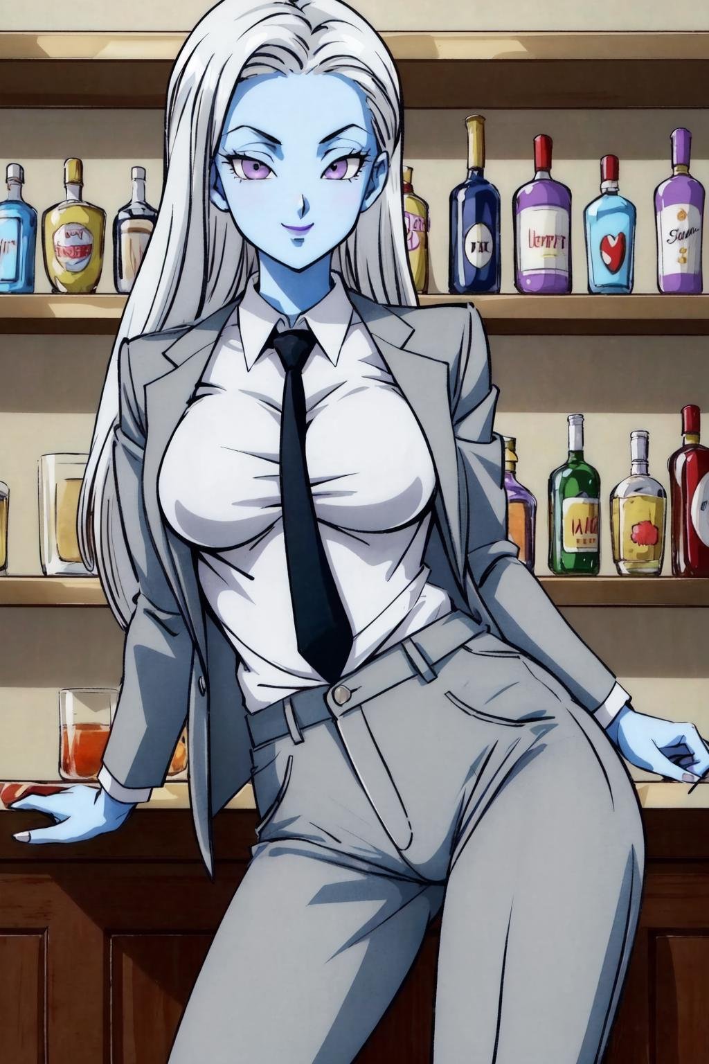 vados,1girl, solo, looking at viewer, white hair,light blue skin, purple eyes,purple lips, cowboy shot,formal, grey suit, grey jacket,jacket, grey pants, white collared shirt,white shirt, (black necktie),smirk,closed mouth,sitting,bar,indoors, shelf, neon lights,medium breasts,contrapposto,(8k,4k,masterpiece, best quality, finely detail,manga,anime coloring)   <lora:vados_v1:1>