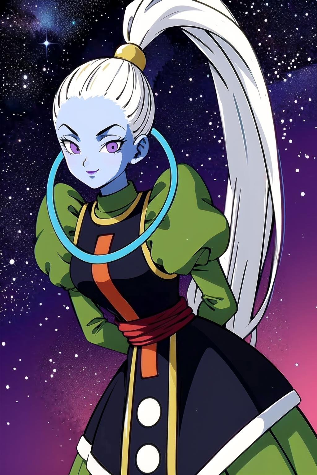 vados, 1girl, solo, light blue skin, white hair, purple eyes, high ponytail, purple lips, star \(sky\), long hair, sky, closed mouth, cowboy shot, looking at viewer, juliet sleeves, green dress, halo, black tabard, starry sky, purple background, leaning forward, contrapposto, arms behind back, hair pulled back, yellow trim,smile,black high-waist skirt, (best quality, masterpiece),<lora:vados_v0_2_prod-000024:1> 