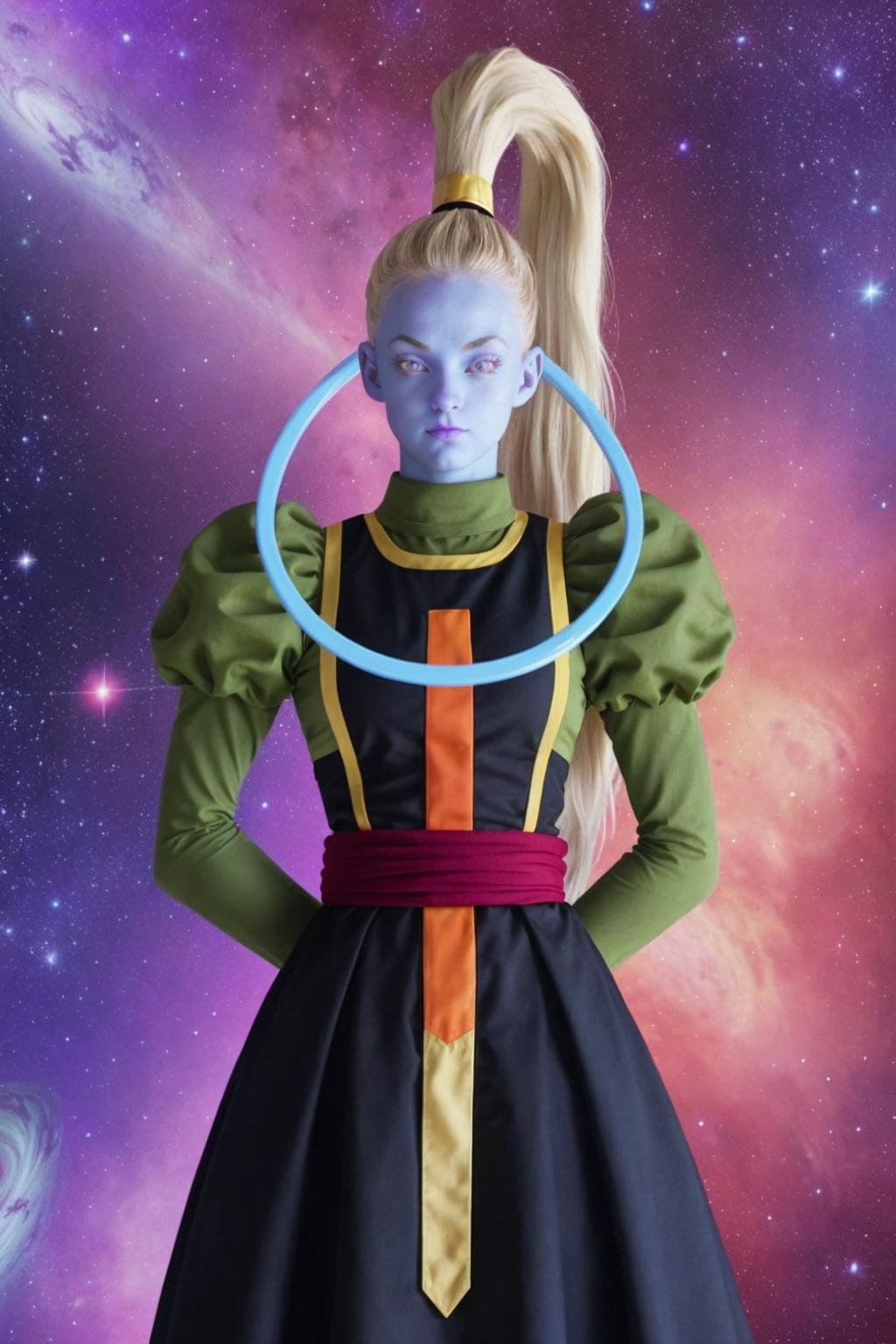 vados, 1girl, solo, light blue skin,white hair, cowboy shot, purple eyes, long hair,high ponytail, green dress, black tabard,juliet sleeves,long sleeves,(smile:0.8),space,star \(sky\),starry sky,natural light,purple background, red sash,halo,arms behind back,(best quality, masterpiece,realistic)<lora:vados_v1:1>