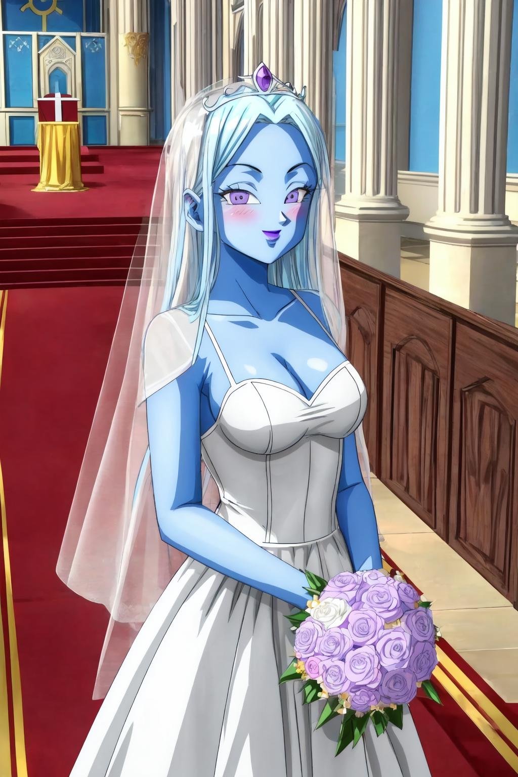 vados,cowboy shot, 1girl,solo,white hair,light blue skin,purple eyes,medium breasts,long hair,straight hair, purple lips,wedding dress,veil,,smile, blush,happy,holding bouquet,own hands together,looking at viewer,indoors, church, white light, altar,crowd,tiara,(best quality, masterpiece)  <lora:vados_v1:1>