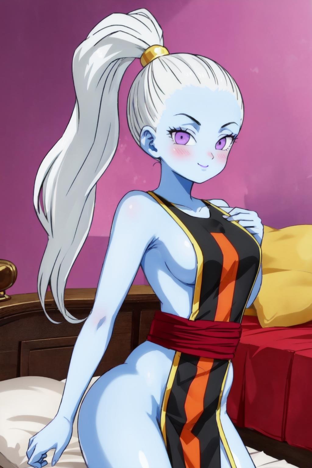 vados, 1girl, solo, light blue skin, white hair, purple eyes, high ponytail, purple lips, red sash, long hair, bedroom, indoors, closed mouth,blush,naked black tabard, cowboy shot, looking at viewer, pink wall, purple background, contrapposto, hair pulled back, ,smile,pelvic curtain,bed,pillow,(sideboob:0.7,medium breasts, ), (best quality, masterpiece)   <lora:vados_v1:1>