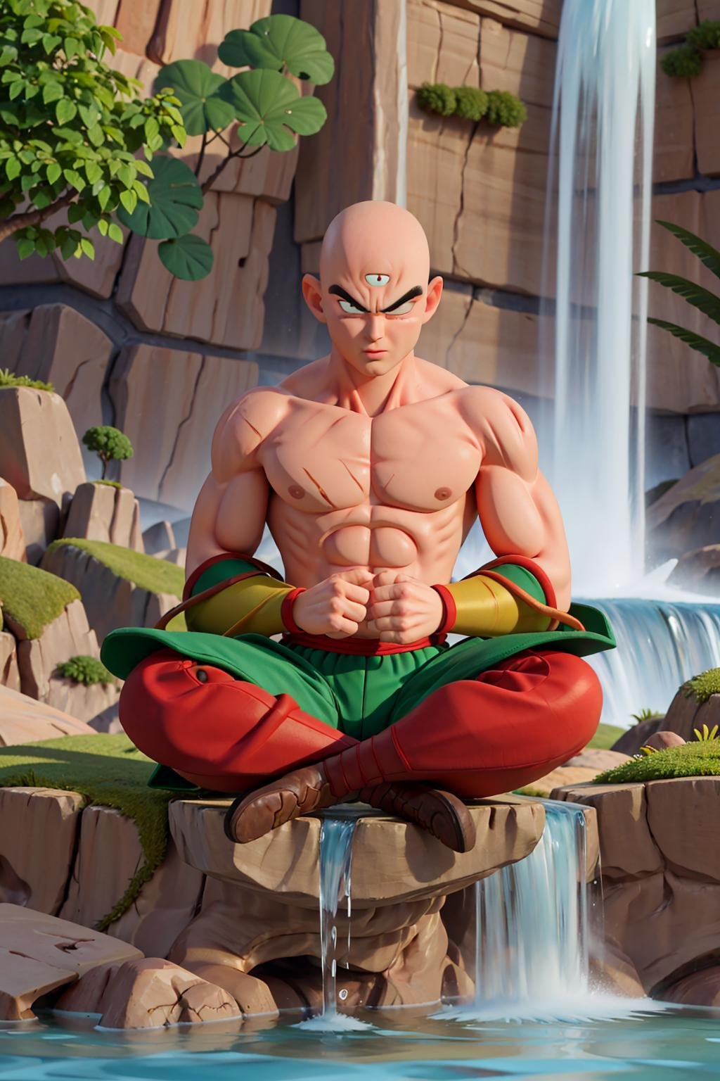 (8k, best quality, masterpiece:1.2), (finely detailed),solo, detailed illustration,intricate, a ((bald:1.3)) tien with black eyes a third eye  wearing green pants green wristband black shoes and red sash,flying,hovering, indian style, topless, ((meditating under the water  at waterfall))