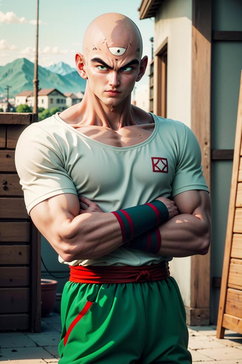 masterpiece, best quality,  solo,anime coloring, a cowboy shot of a tien with ((third eye:1.2)) and black eyes, white t-shirt,red sash, green pants, green wristbands, outdoors next to a ring,bald <lora:hipoly_3dcg_v7-epoch-000012:0.5>