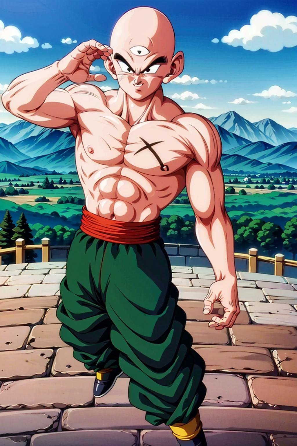 masterpiece, best quality,  solo, a full body shot of a tien (bald) with ((third eye)) black eyes, flying in the air, sky, cloud <lyco:GoodHands-beta2:1.0>,smile, topless, scar on chest