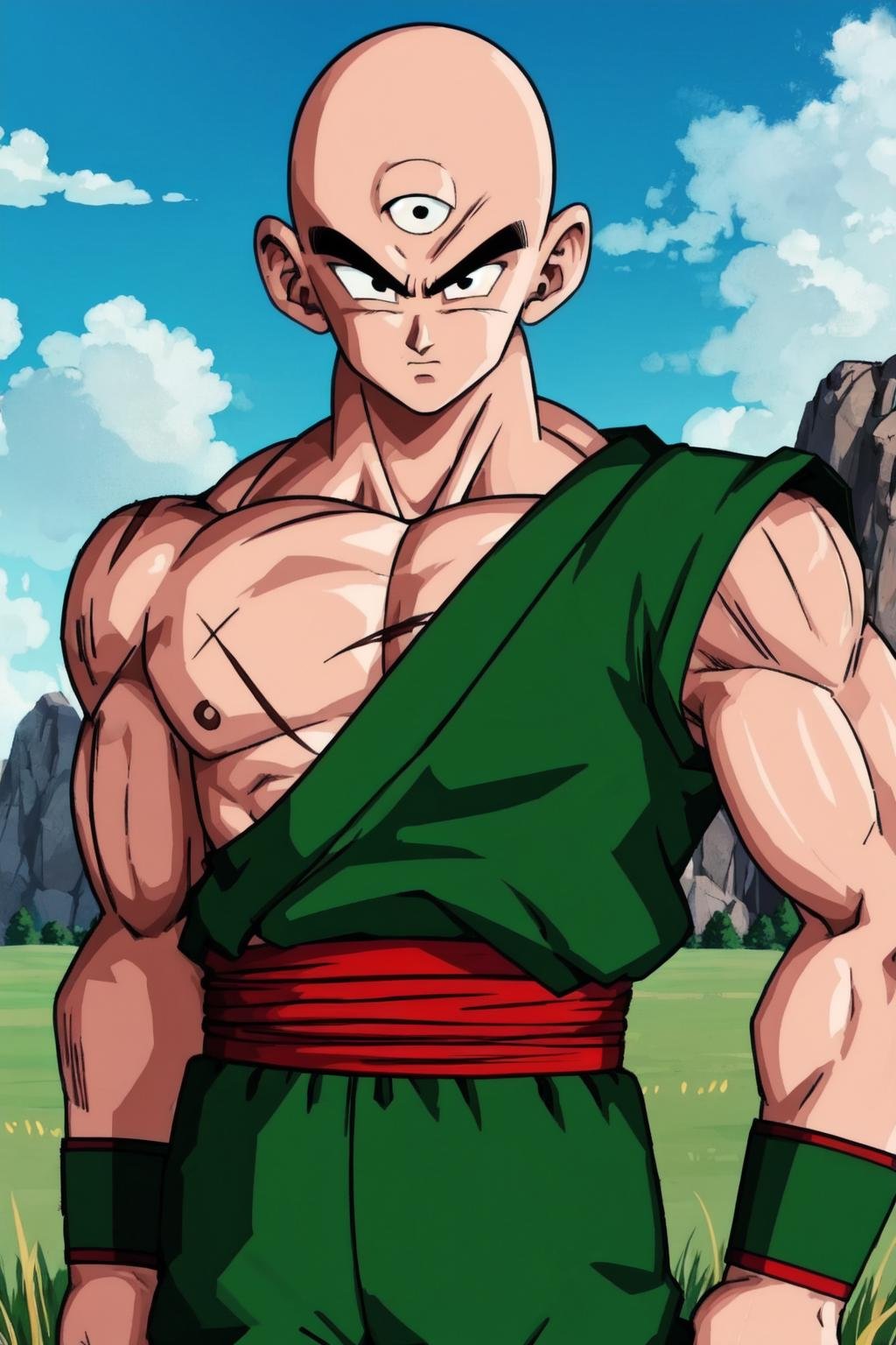 tien, solo, male focus, 1boy, bald, black eyes, muscular male, upper body,portrait, green sleeveless shirt, third eye, red sash, standing, scar on chest, serious,green pants, single bare shoulder,blue sky, cloud, rocky grassfield,looking at viewer,arms at sides,green wristband,(best quality, masterpiece)  <lora:tien_v2:1>