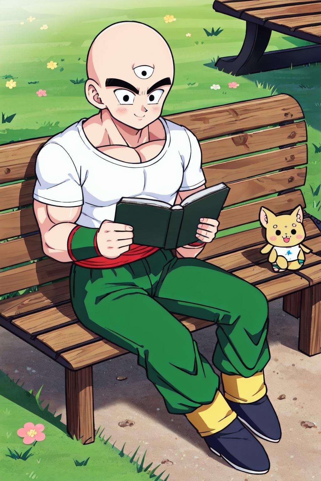 tien, solo, male focus, 1boy,kawaii,chibi, bald, black eyes, muscular male,full body,white t-shirt, green wristband,red sash, green pants, yellow leg warmers, black flats, third eye, sitting,smile,grass, sky, bench, reading book,(best quality, masterpiece)  <lora:tien_v2:1>