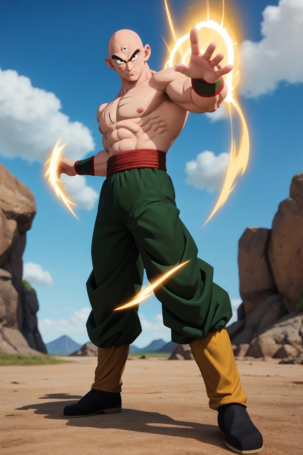 dissidia, tien, solo, male focus, 1boy, bald, black eyes, muscular male, full body,white aura,topless male, scar on chest, third eye, red sash, standing, serious,green pants,sky, cloud,flying,looking at viewer,green wristband, yellow leg warmers, black flats, serious, fighting stance,(best quality, masterpiece,3d)  <lora:tien_v2:1>