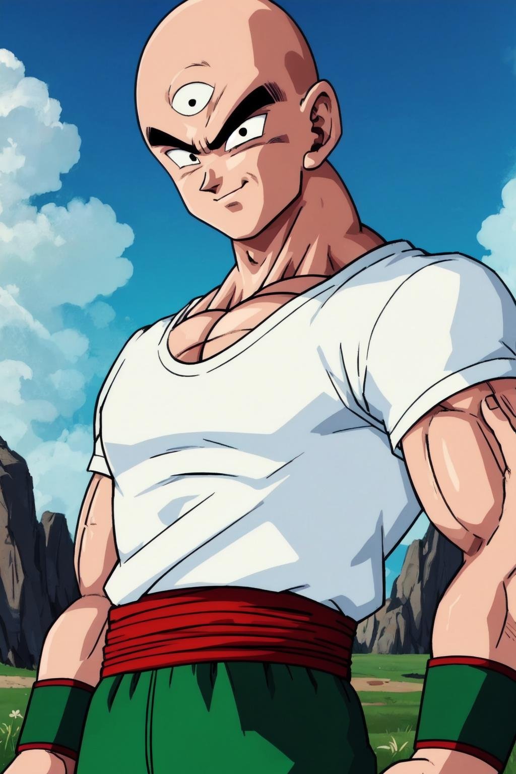 tien, solo, male focus, 1boy, bald, black eyes, muscular male, upper body,portrait, white t-shirt, third eye, red sash, standing, serious,green pants,blue sky, cloud, rocky grassfield,looking at viewer,arms at sides,green wristband,smirk,(best quality, masterpiece)  <lora:tien_v2:1>