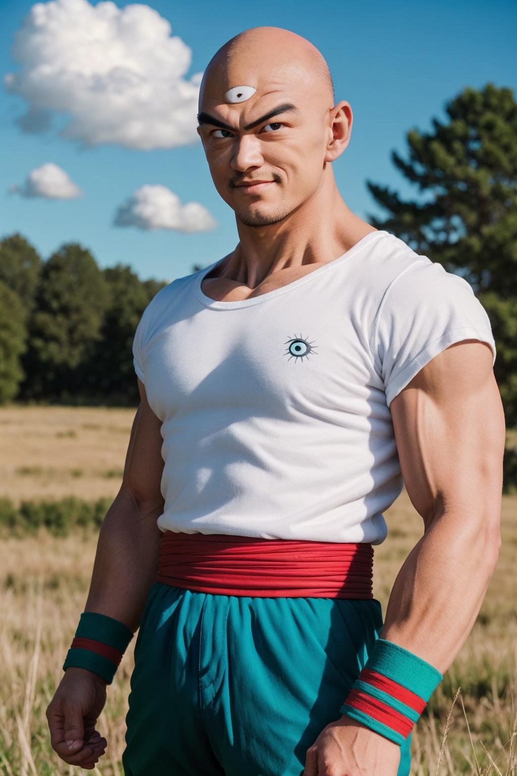 tien, solo, male focus, 1boy, bald, black eyes, muscular male, upper body,portrait, white t-shirt, third eye, red sash, standing, serious,green pants,blue sky, cloud, rocky grassfield,looking at viewer,arms at sides,green wristband,smirk,(best quality, masterpiece,realistic)  <lora:tien_v2:1>