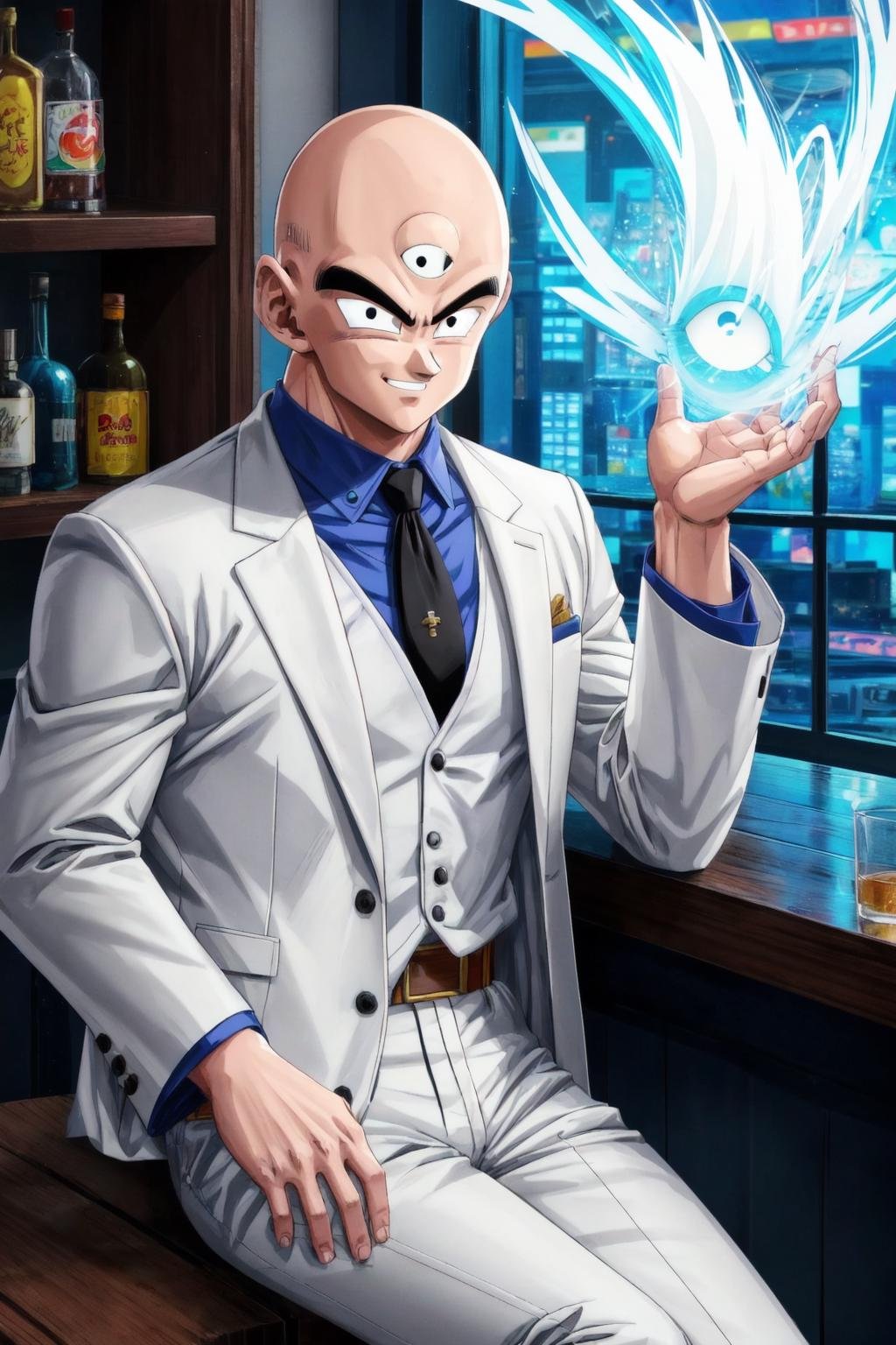 tien, solo, male focus, 1boy, bald, black eyes, muscular male,cowboy shot,white aura,grey suit, grey jacket, grey pants, white collared shirt, black necktie, third eye, sitting,smile,looking at viewer,bar, indoor, shelves, neon lights,(best quality, masterpiece)  <lora:tien_v2:1>