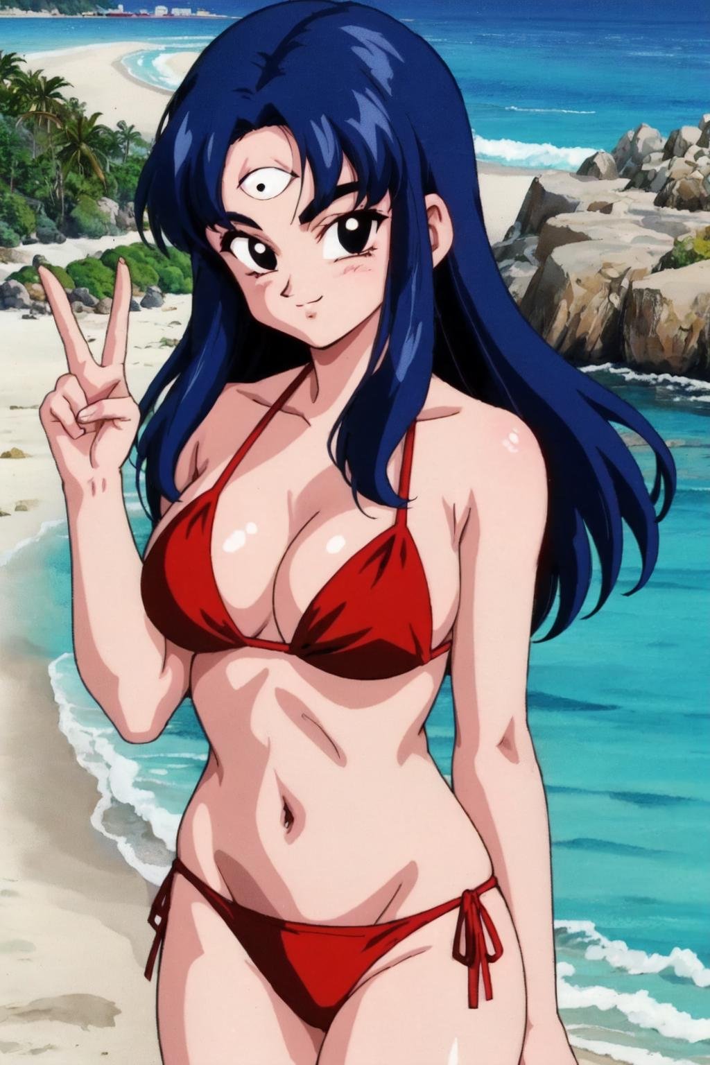 tien, solo, male focus, 1girl, black hair, black eyes,cowboy shot,red bikini, peace sign, arm at side, third eye, standing,smile,beach, palm tree, ocean,looking at viewer,forehead,(best quality, masterpiece,retro artstyle)  <lora:tien_v2:1>