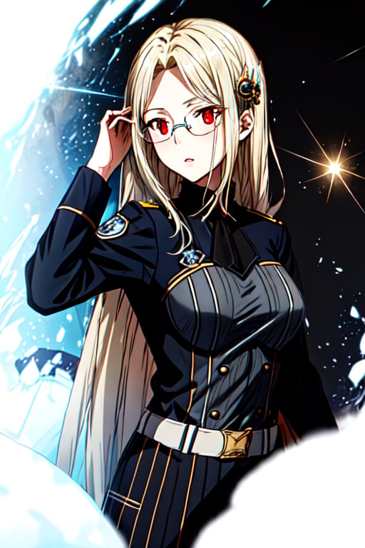 1girl, solo, long hair, hair ornament, red eyes, glasses,, parted bangs, rimless glasses, pale greenish blonde hair, uniform, military, military uniform
