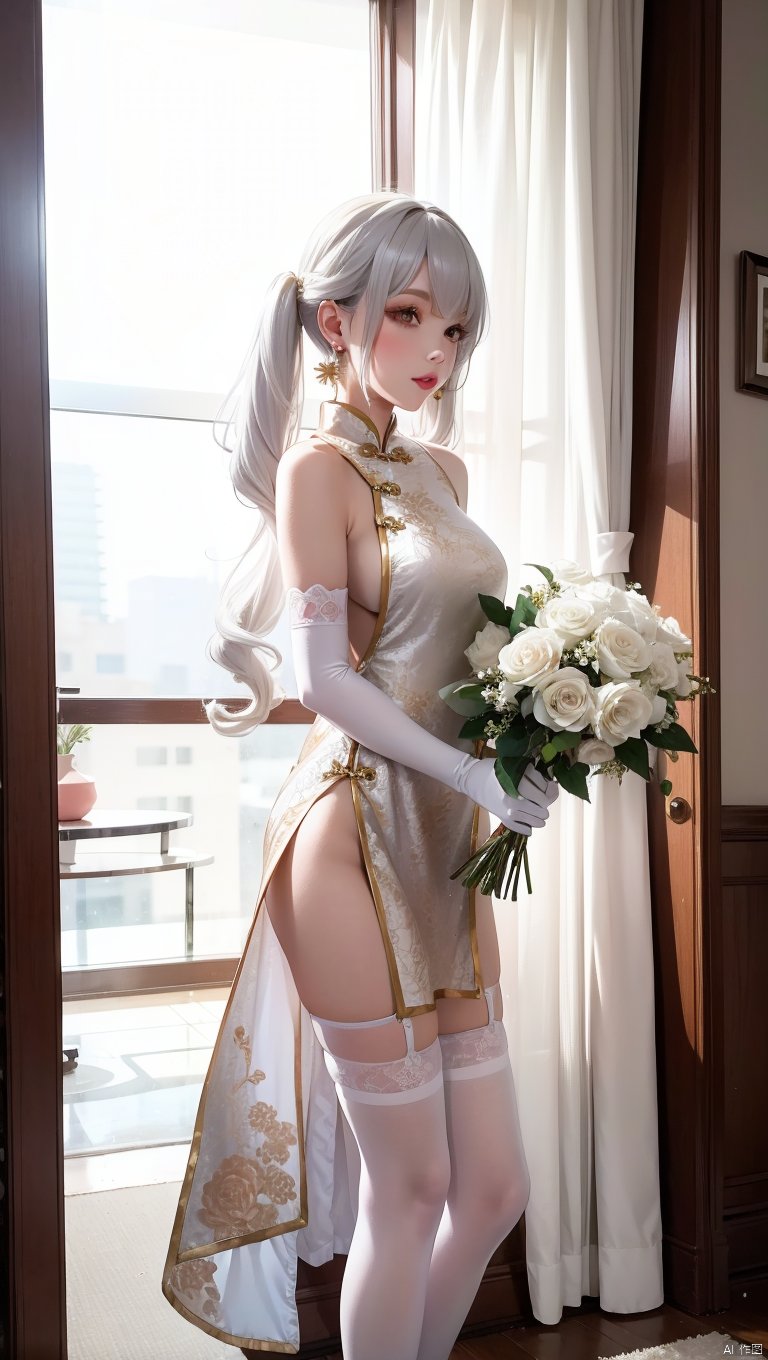  1girl,(lo style:1.5),bangs,lips,dress,long hair,brown eyes,thighhighs,bare shoulders,lo style chinese dress,chinese clothes,lipstick,realistic,bouquet,rose,jewelry,earrings,wavy hair,holding flower,gloves,elbow gloves,white gloves,makeup,white thighhighs,white hair,indoors,curtains,sitting, facing away, low twintails,chair,flowers,standing,
