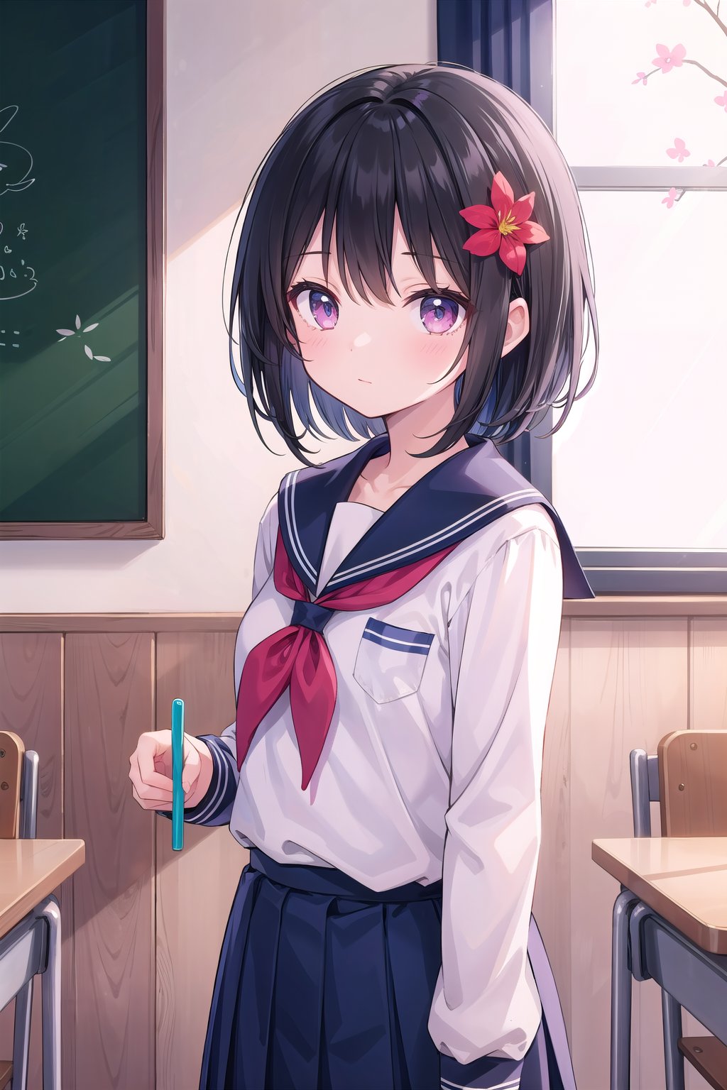 (masterpiece), 1girl, short hair, black hair, ruby eyes, school uniform, flower