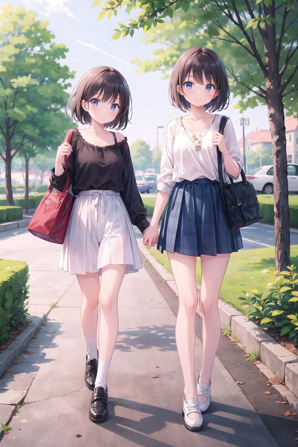 (masterpiece), 2girls, casual, park, smile
