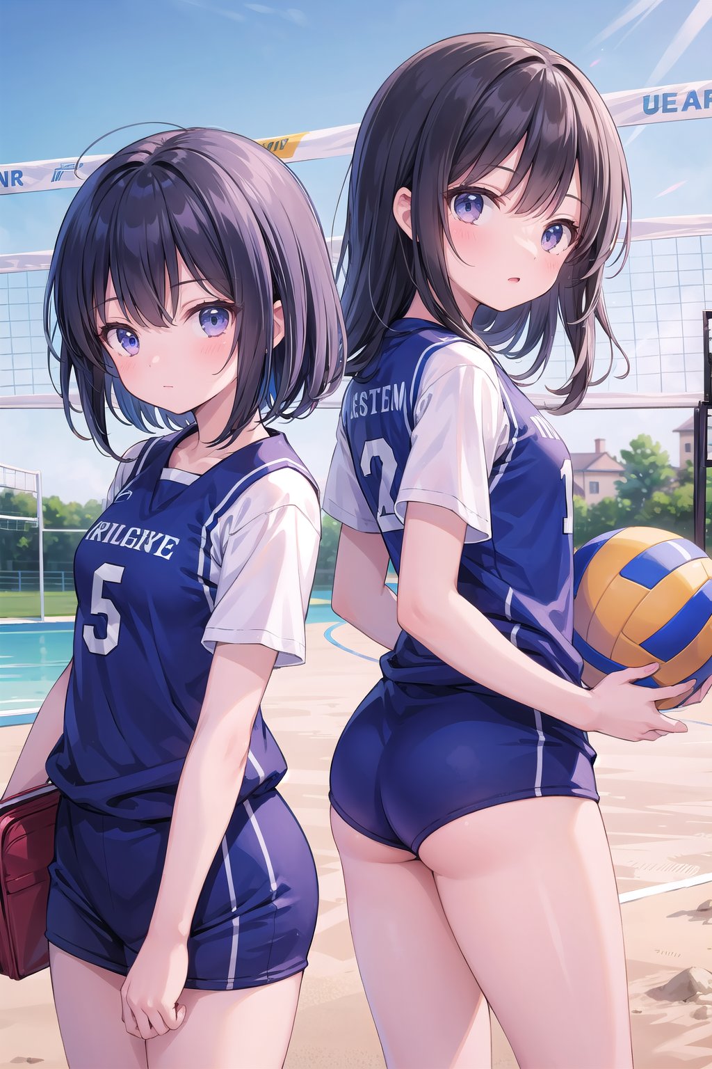 (masterpiece), (2girls), volleyball uniform, dynamic angle